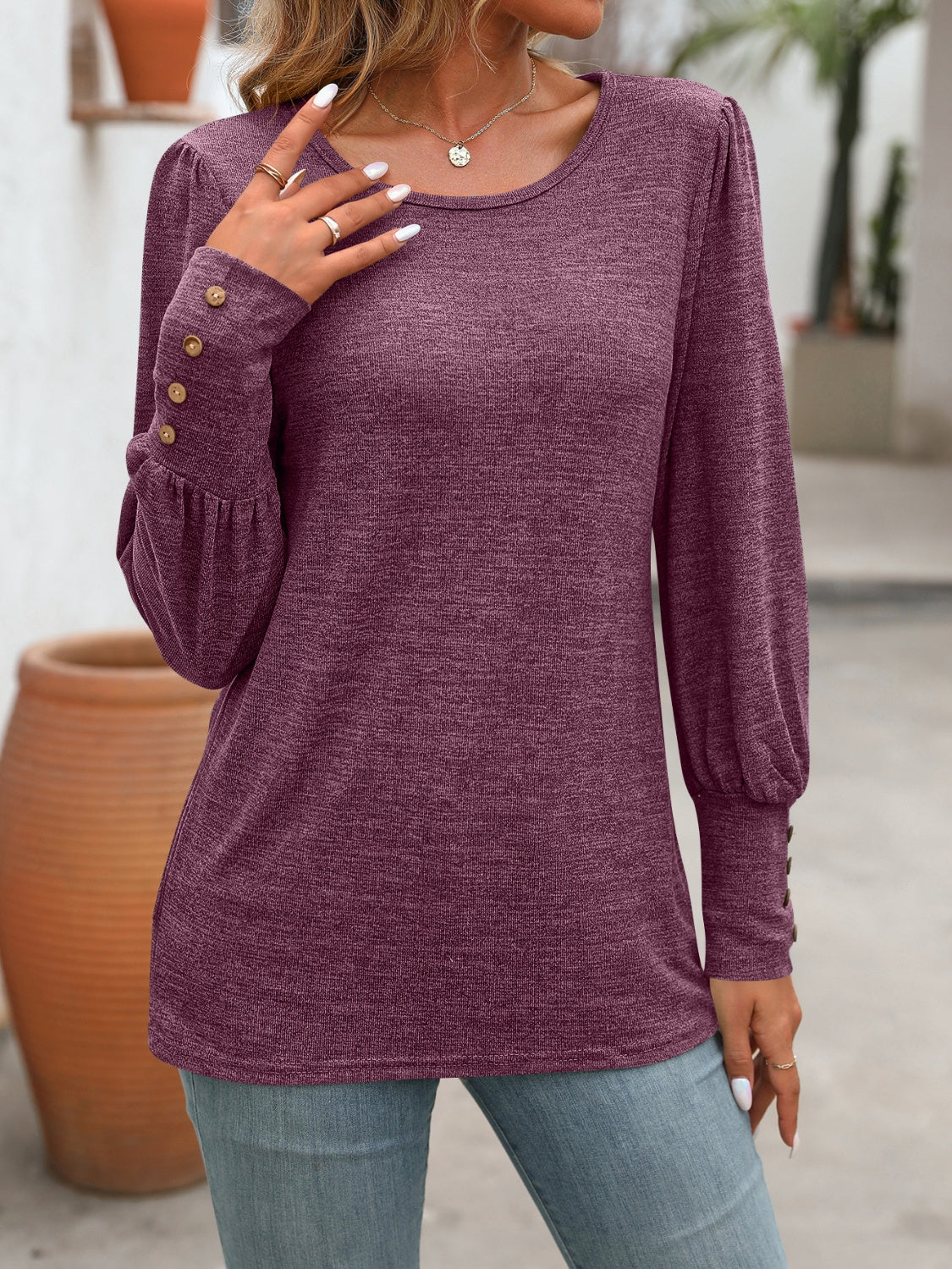 Decorative Button Round Neck Long Sleeve T-Shirt - EkaVibe