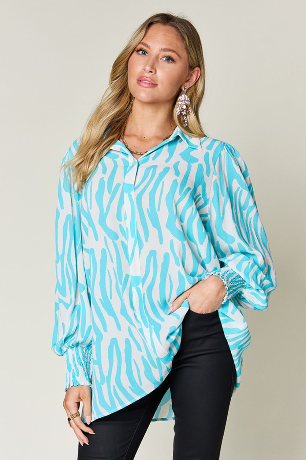 Double Take Full Size Printed Smocked Long Sleeve Blouse - EkaVibe