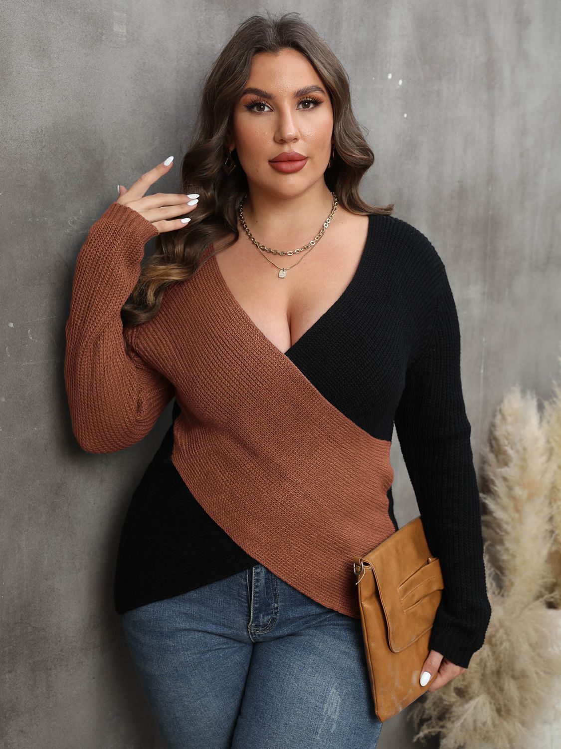 Plus Size Two-Tone Surplice Neck Sweater - EkaVibe