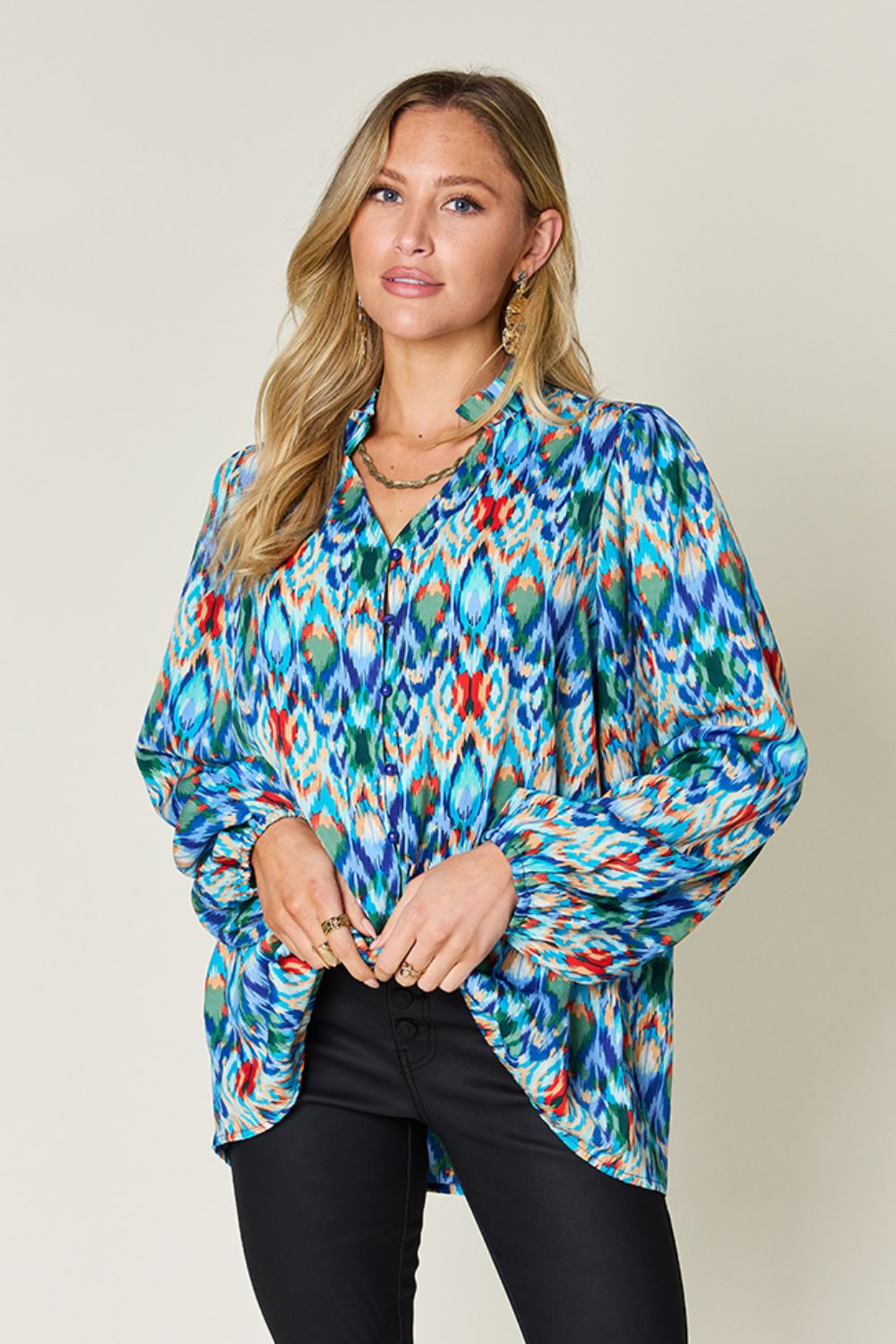 Double Take Full Size Printed Balloon Sleeve Blouse - EkaVibe