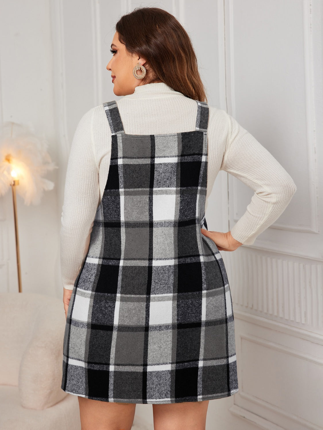 Honey Plus Size Plaid Wide Strap Overall Dress - EkaVibe