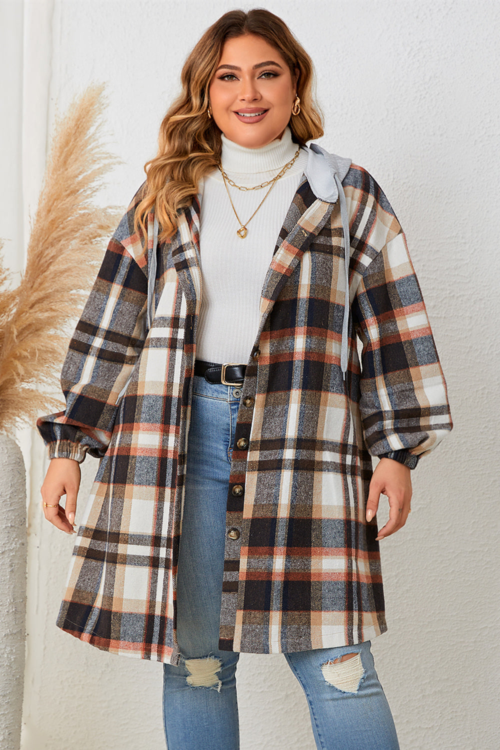 Honey Plus Size Plaid Drop Shoulder Hooded Coat - EkaVibe