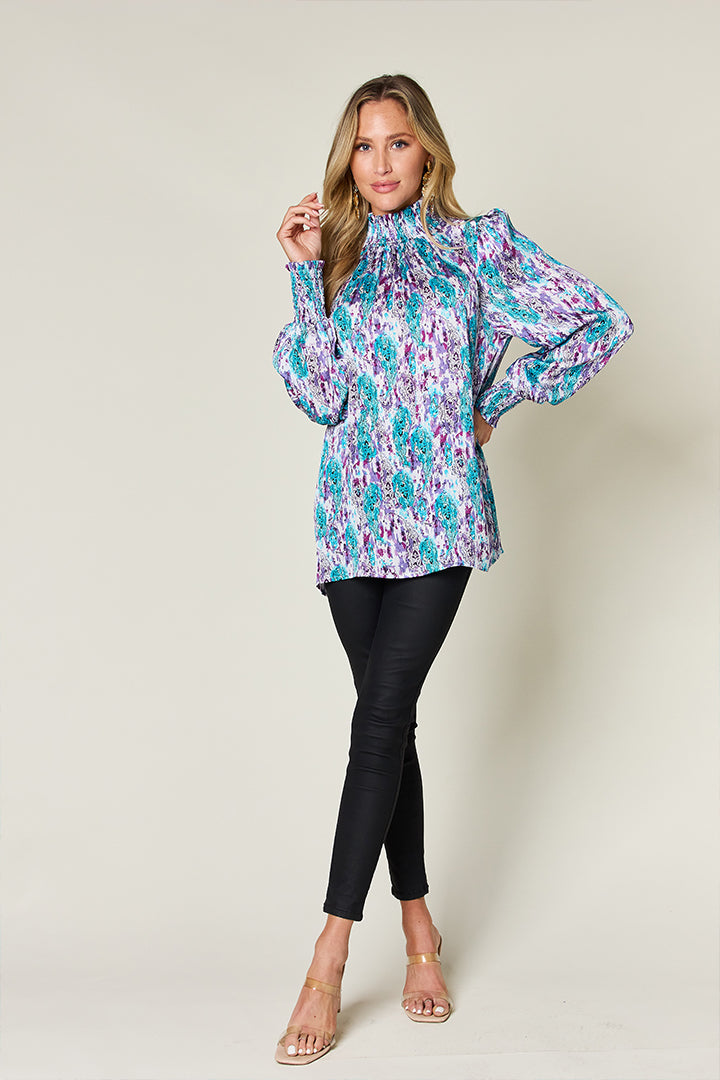 Double Take Full Size Printed Smocked Long Sleeve Blouse - EkaVibe