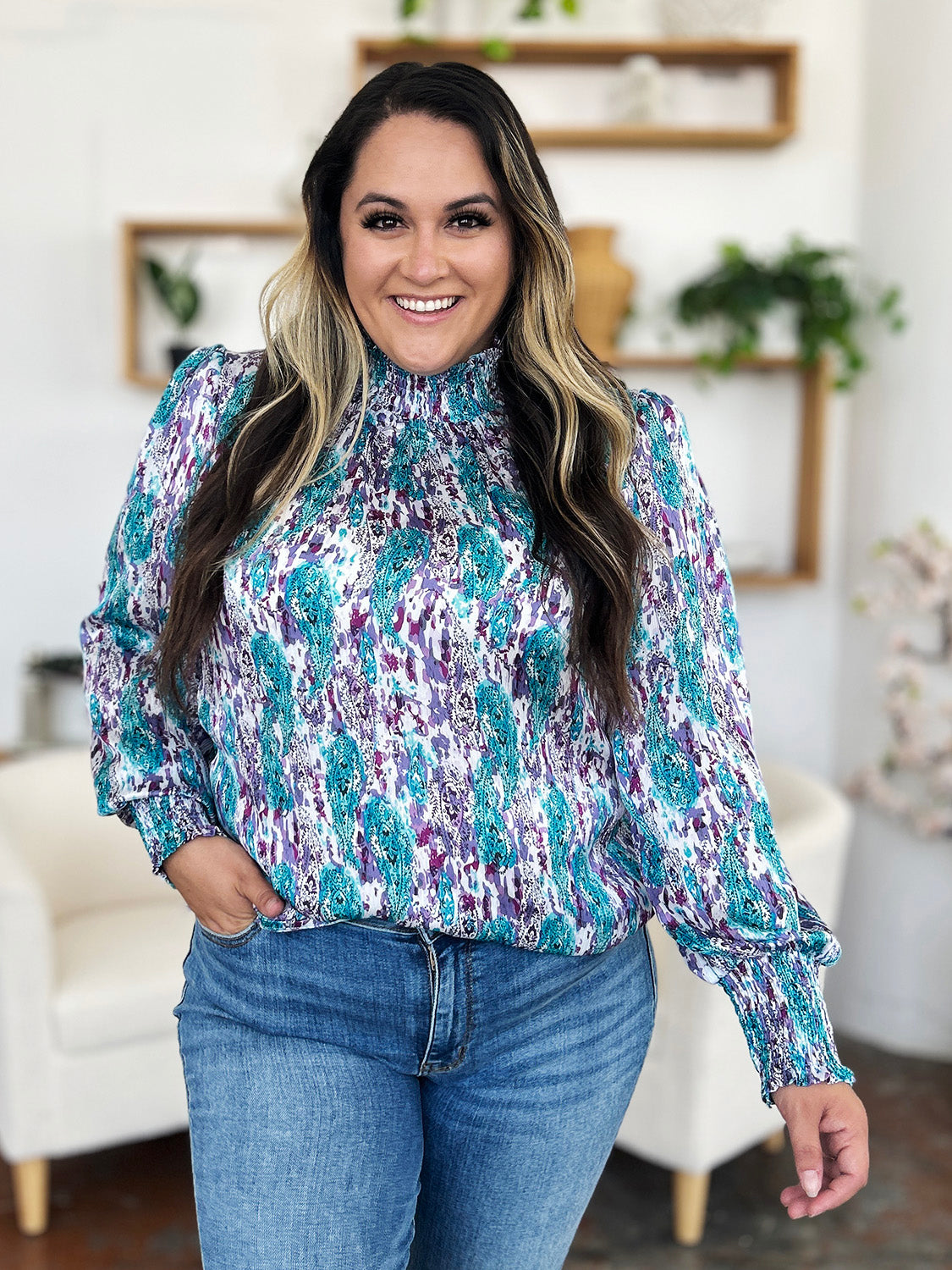 Double Take Full Size Printed Smocked Long Sleeve Blouse - EkaVibe