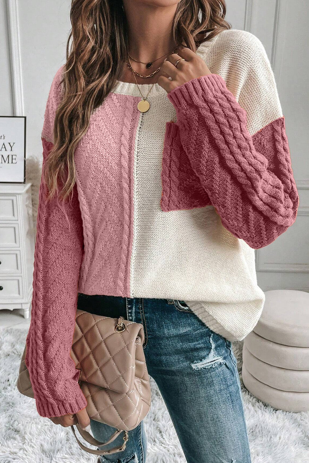 Color Block Round Neck Long Sleeve Sweater - EkaVibe