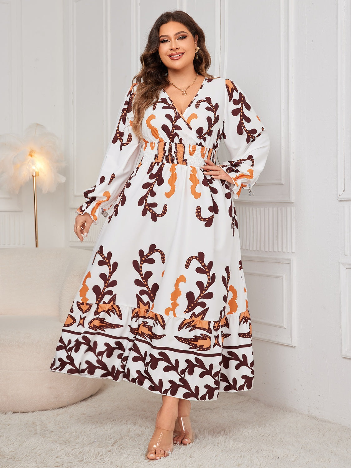 Honey Plus Size Printed Surplice Flounce Sleeve Dress - EkaVibe