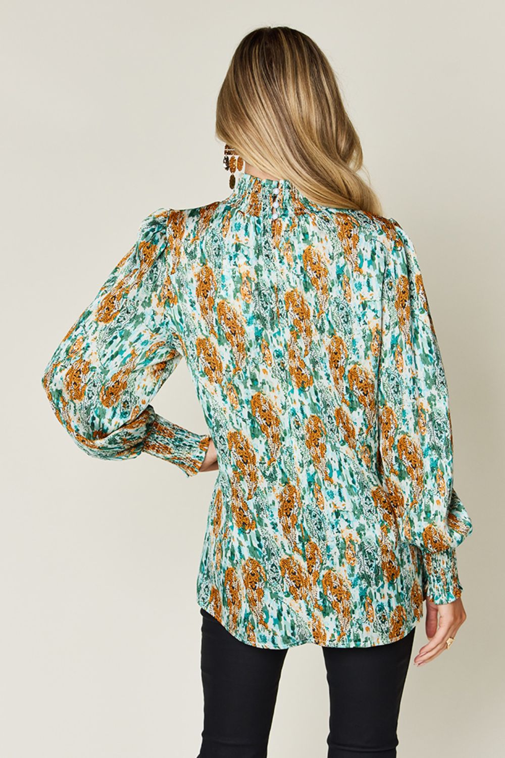 Double Take Full Size Printed Smocked Long Sleeve Blouse - EkaVibe