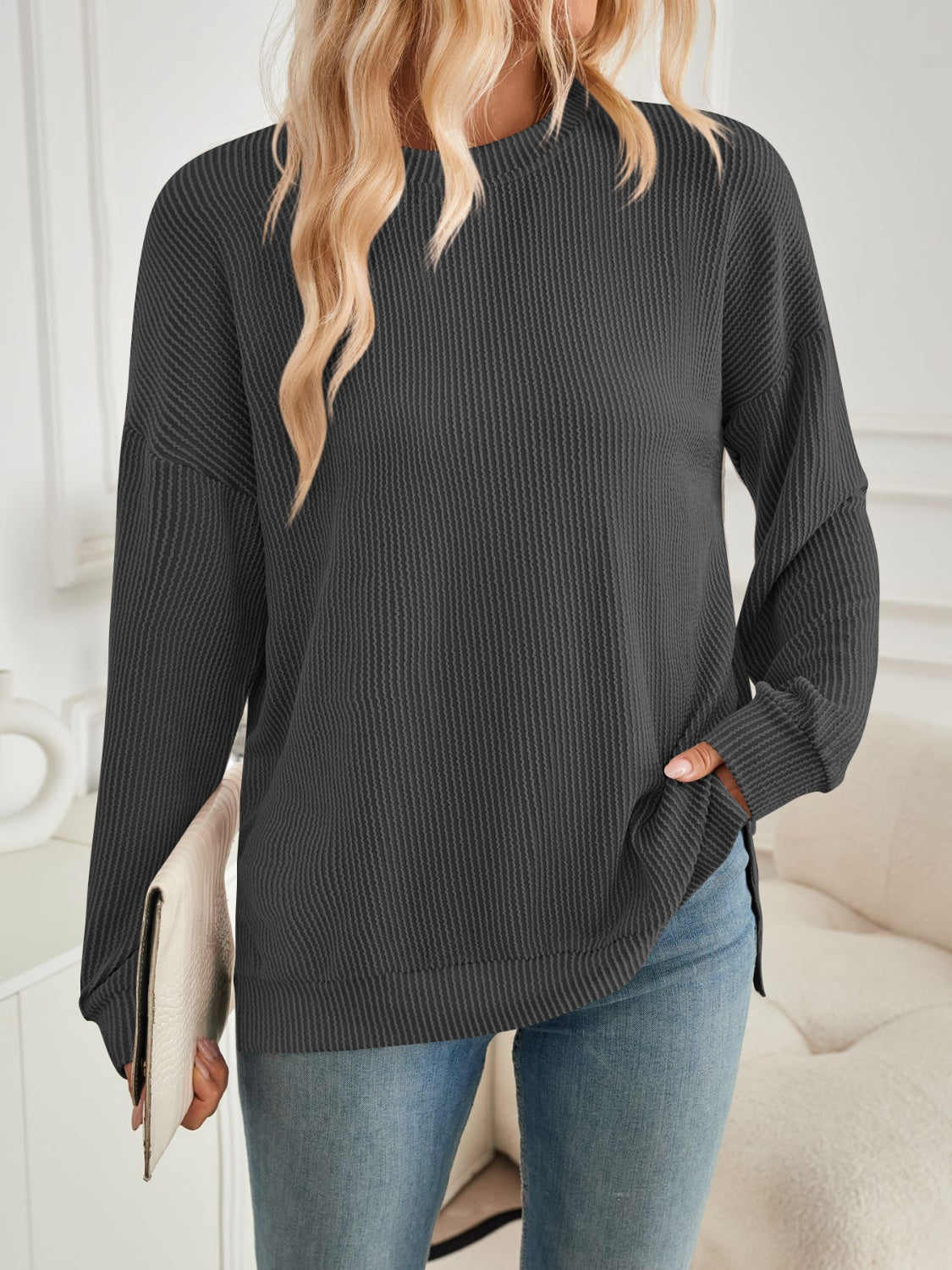 Lovelet Slit Round Neck Long Sleeve Sweatshirt - EkaVibe