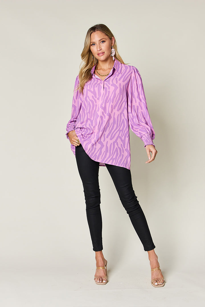 Double Take Full Size Printed Smocked Long Sleeve Blouse - EkaVibe