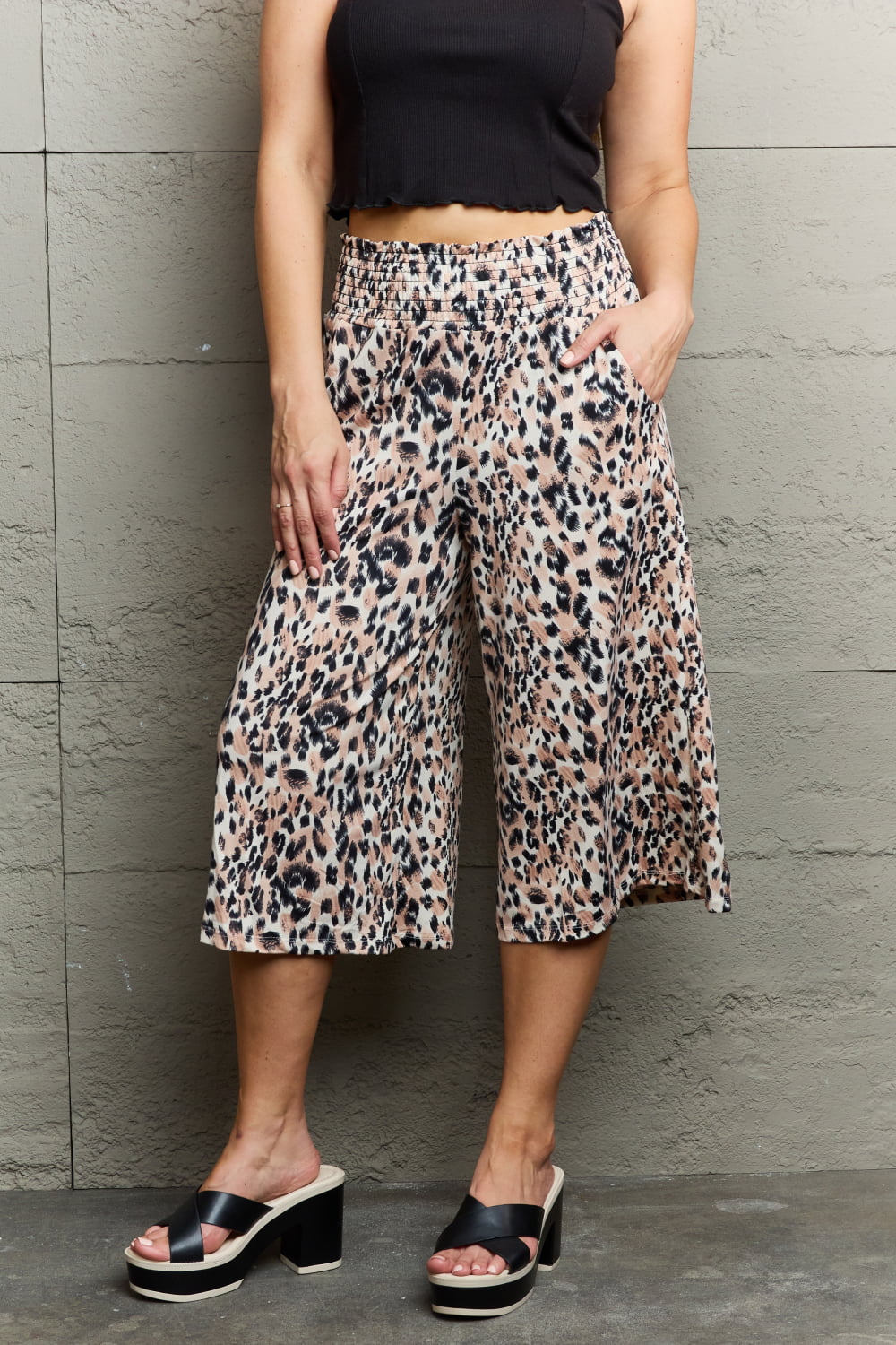 Ninexis Leopard High Waist Flowy Wide Leg Pants with Pockets - EkaVibe