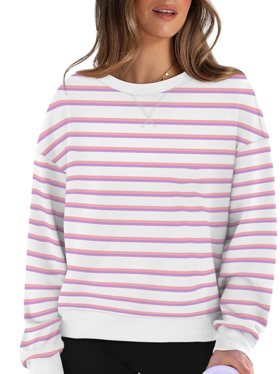 Lovelet Striped Round Neck Long Sleeve Sweatshirt - EkaVibe