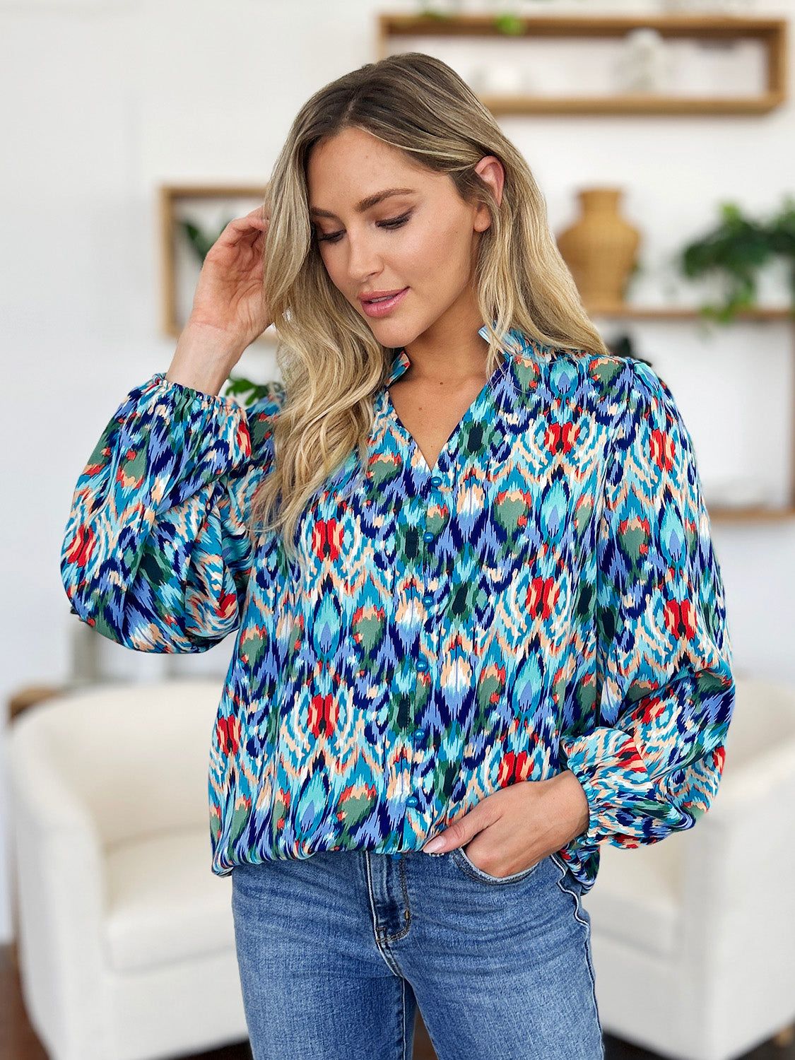 Double Take Full Size Printed Balloon Sleeve Blouse - EkaVibe