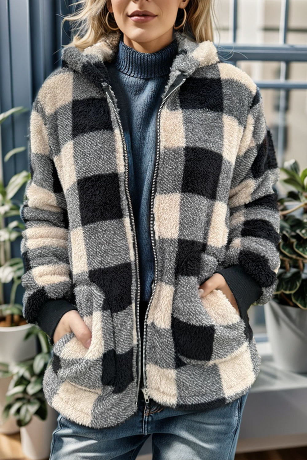 Double Take Full Size Plaid Long Sleeve Hooded Coat - EkaVibe