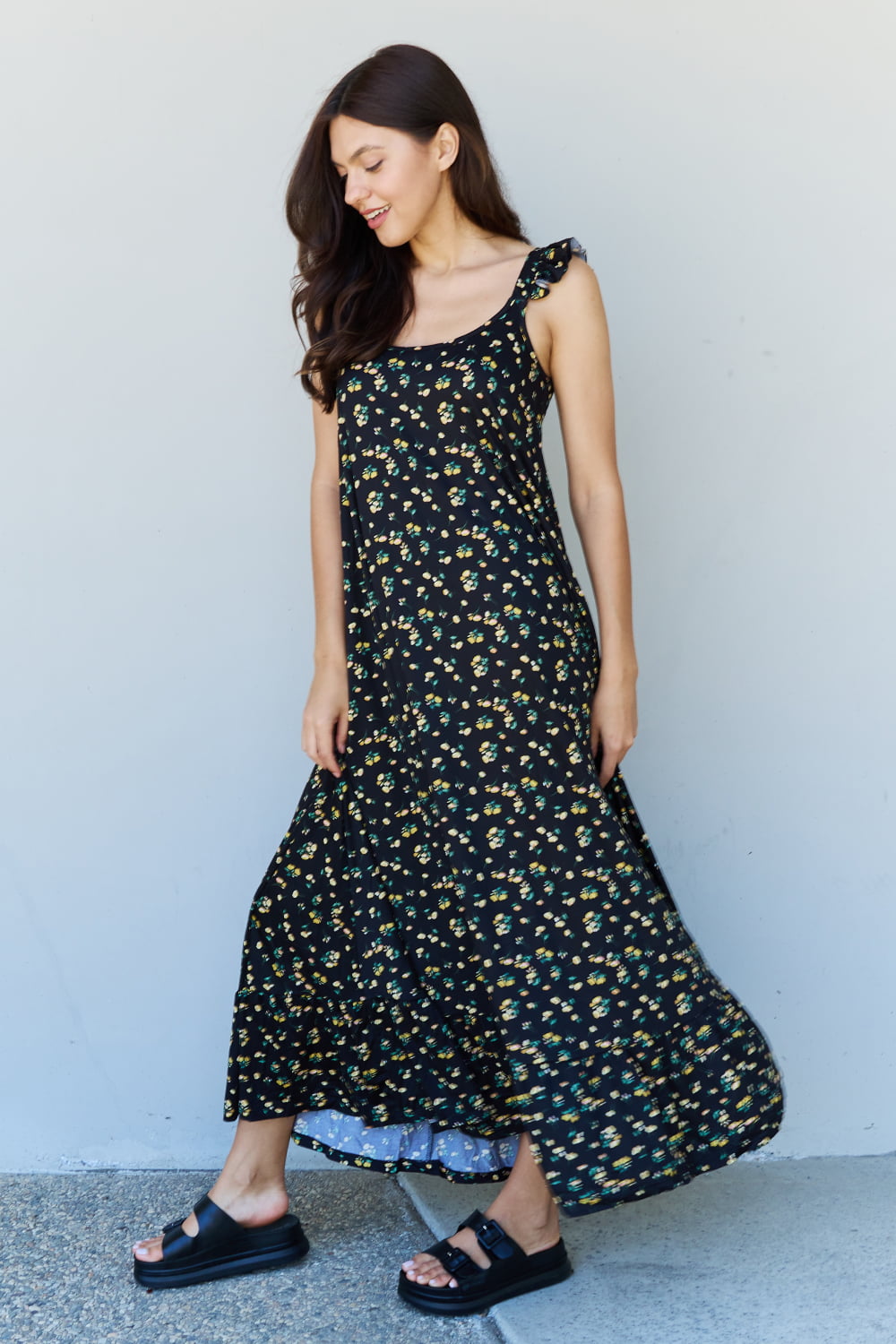 Doublju In The Garden Ruffle Floral Maxi Dress in  Black Yellow Floral - EkaVibe