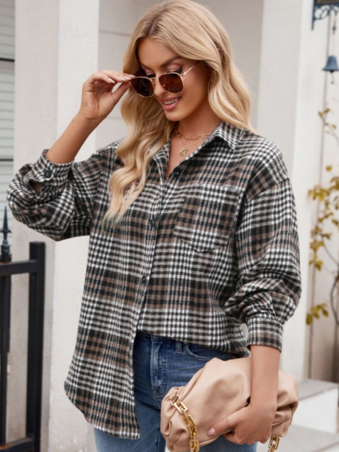 Mandy Pocketed Plaid Collared Neck Long Sleeve Shirt - EkaVibe