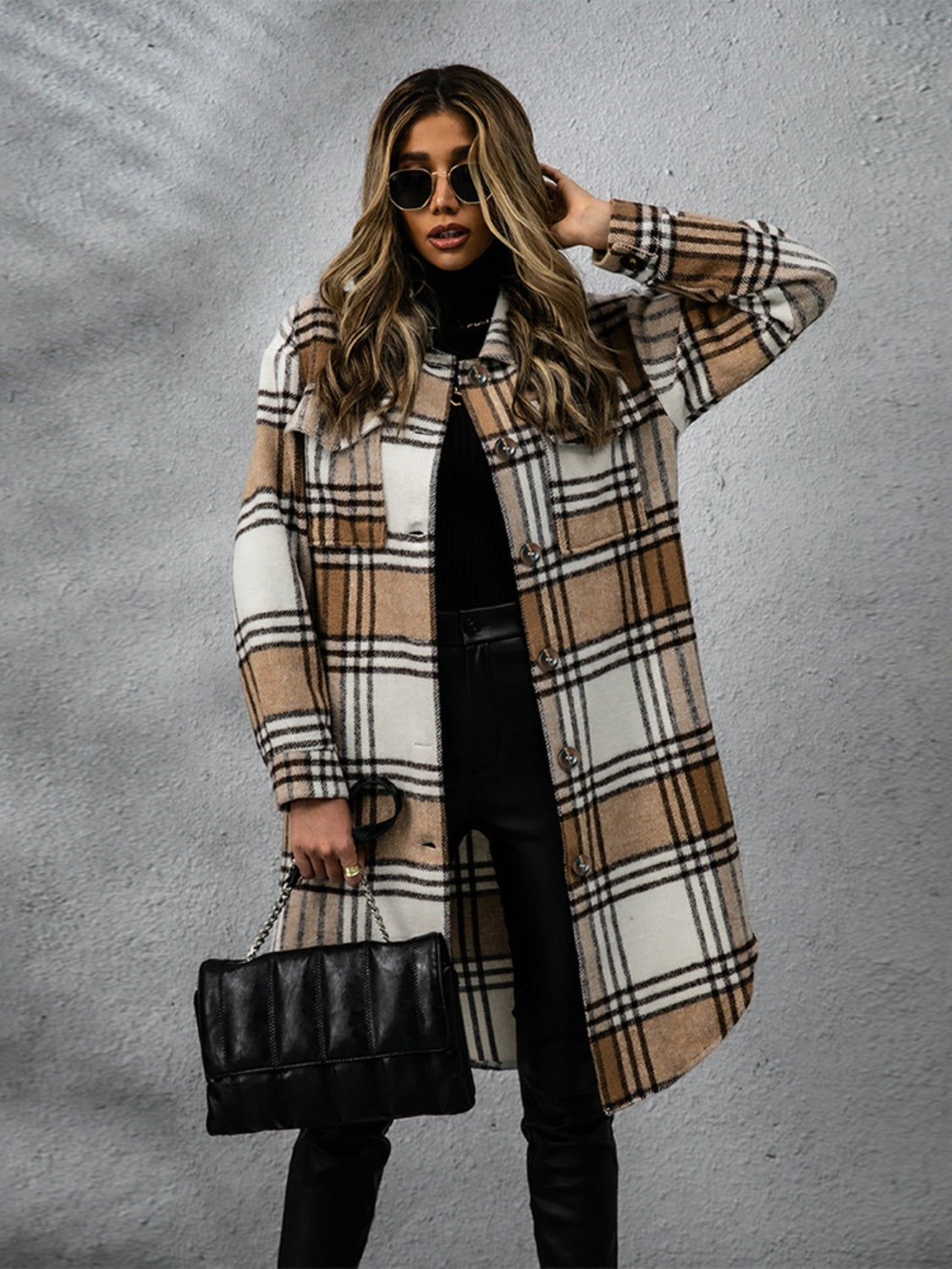 Plaid Collared Neck Long Sleeve Coat - EkaVibe