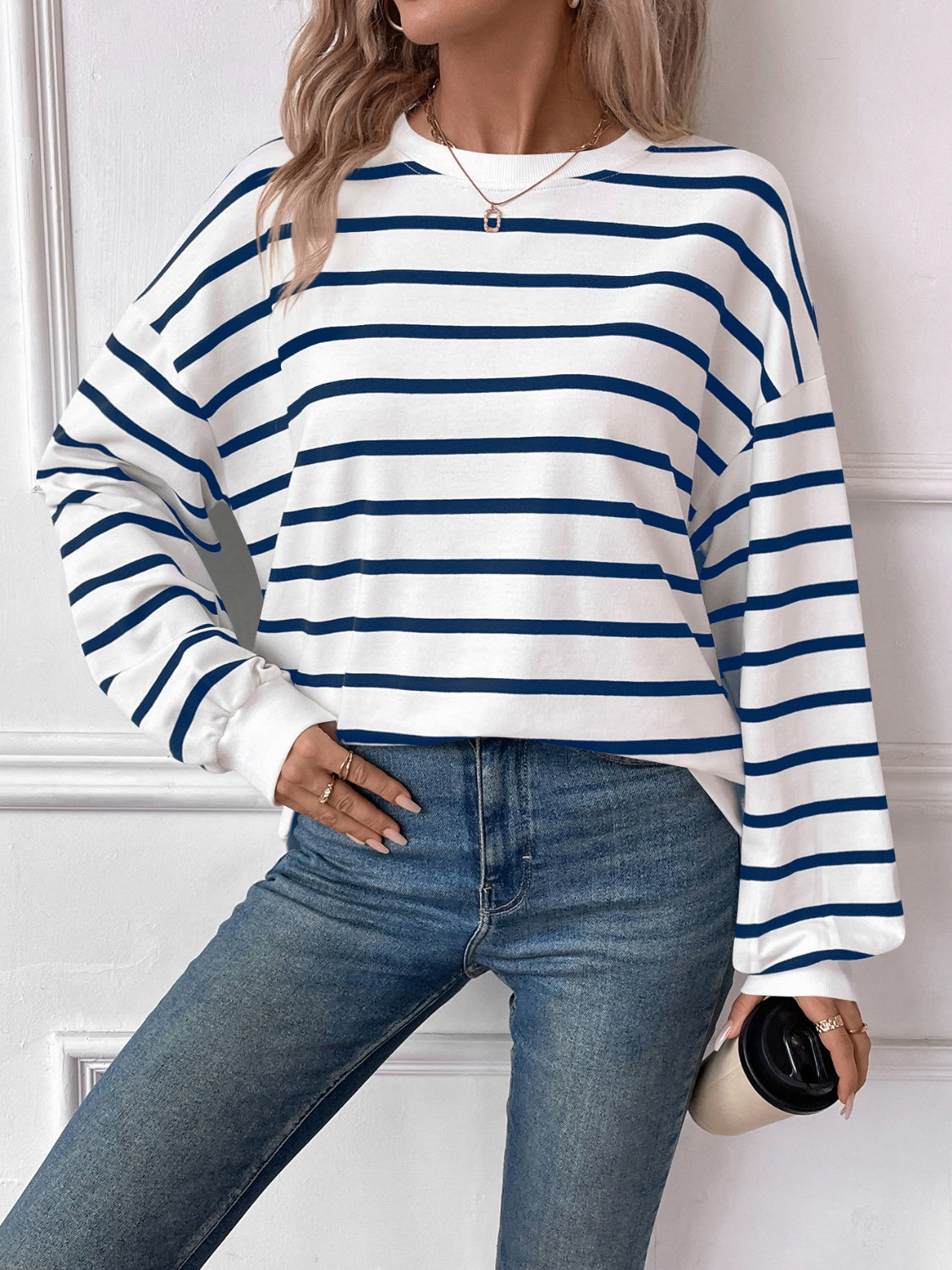 Lovelet Striped Round Neck Long Sleeve Sweatshirt - EkaVibe