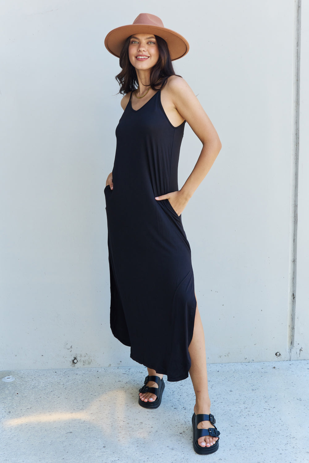 Ninexis Good Energy Full Size Cami Side Slit Maxi Dress in Black - EkaVibe