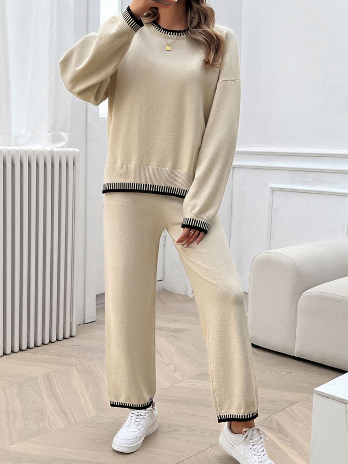 Devine Round Neck Dropped Shoulder Top and Pants Sweater Set - EkaVibe