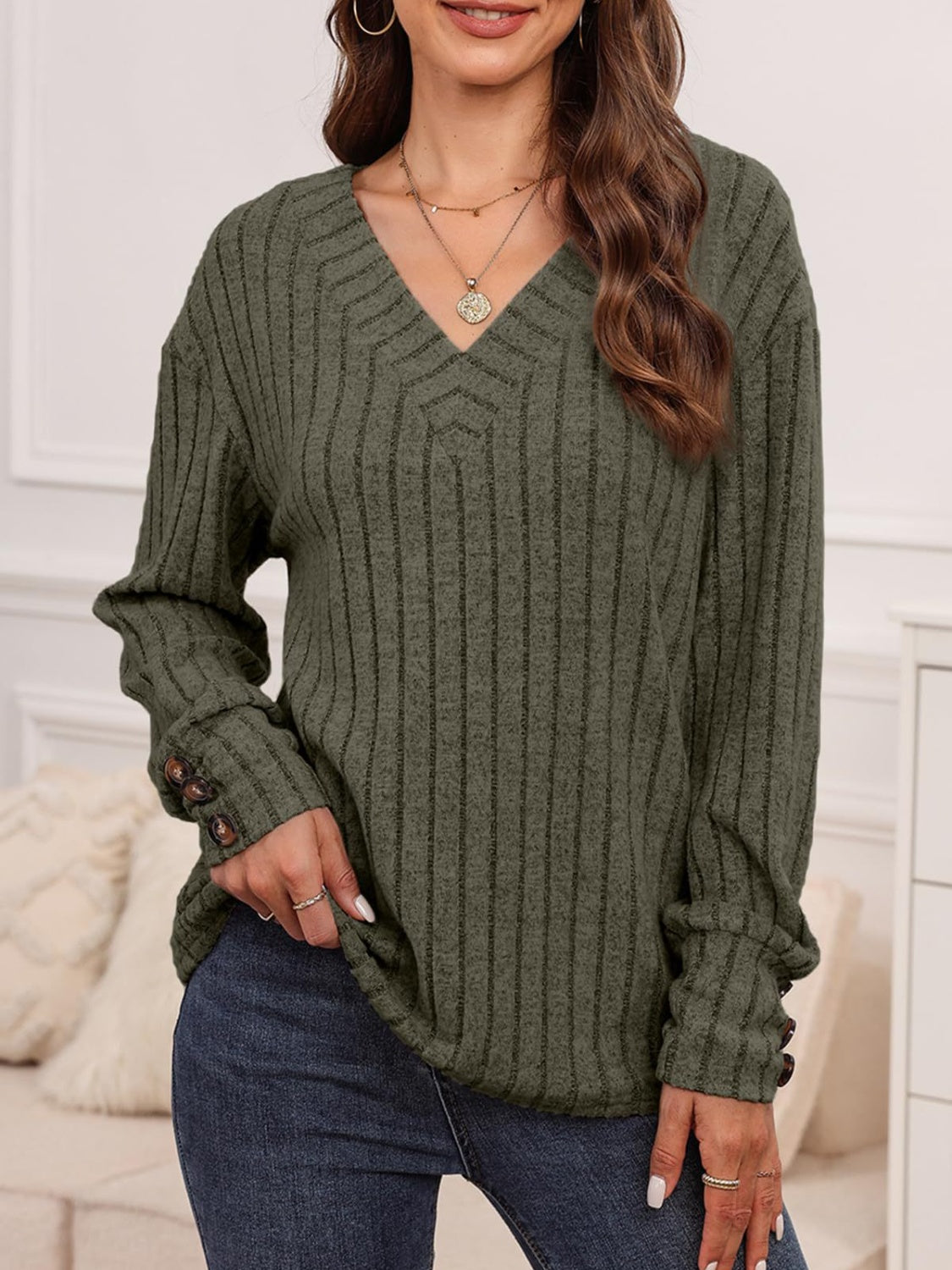 Ribbed V-Neck Long Sleeve T-Shirt - EkaVibe