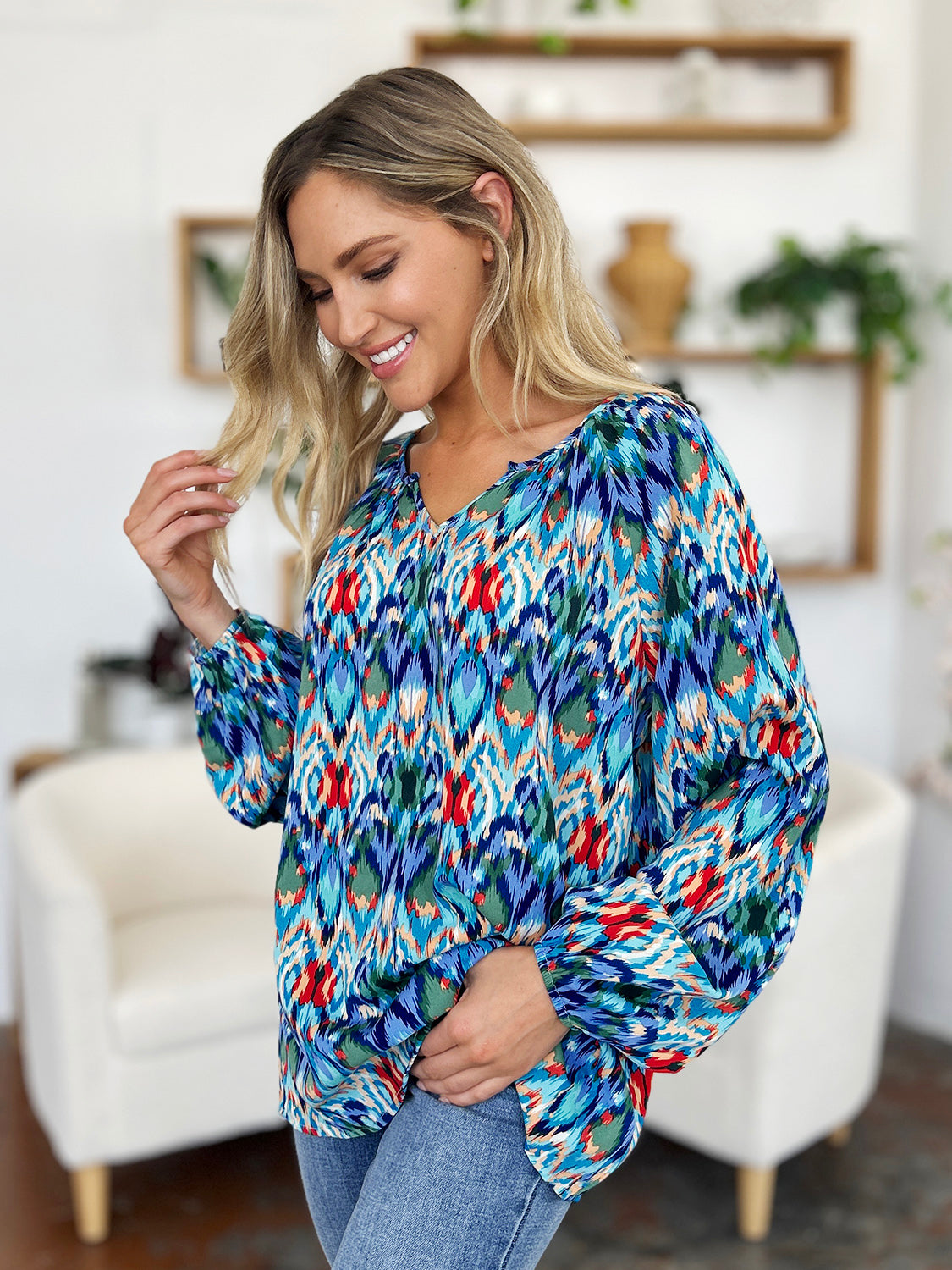 Double Take Full Size Printed Balloon Sleeve Blouse - EkaVibe