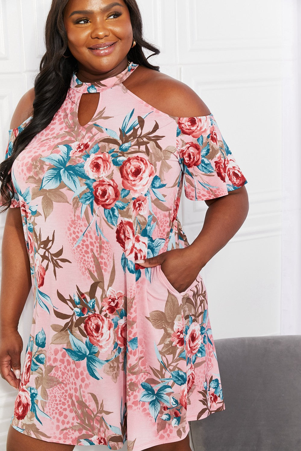 Sew In Love Full Size Fresh-Cut Flowers Cold-Shoulder Dress - EkaVibe