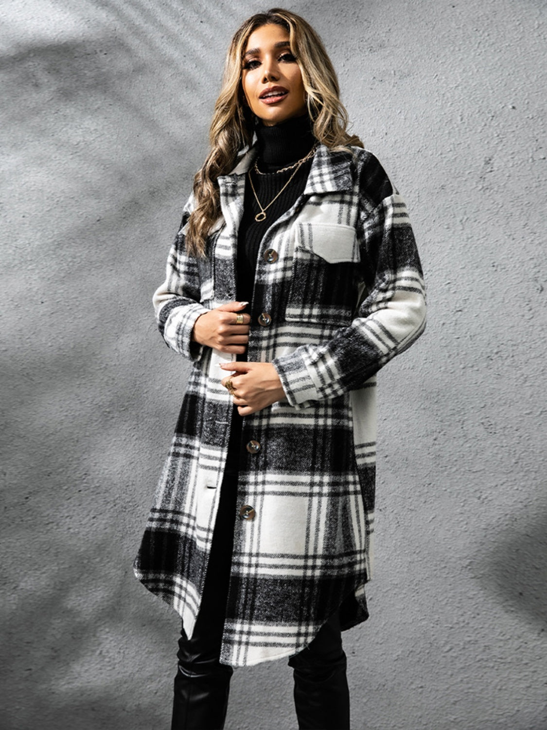 Plaid Collared Neck Long Sleeve Coat - EkaVibe