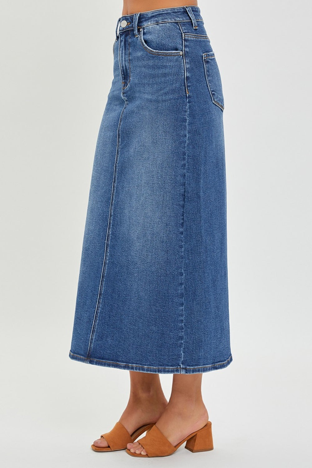 RISEN High Rise Back Slit Denim Skirt - EkaVibe