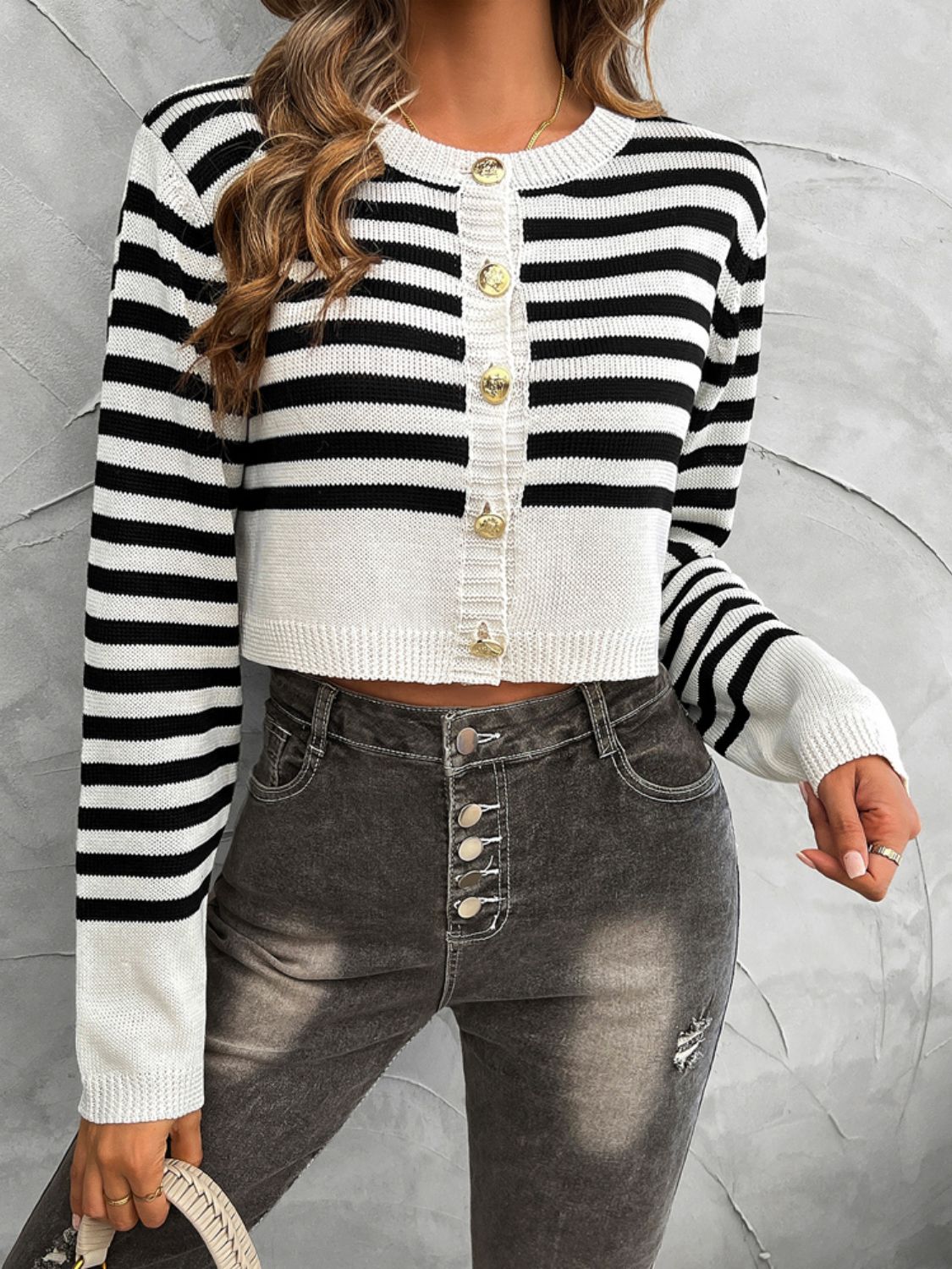 Devine Striped Round Neck Button Down Cardigan - EkaVibe