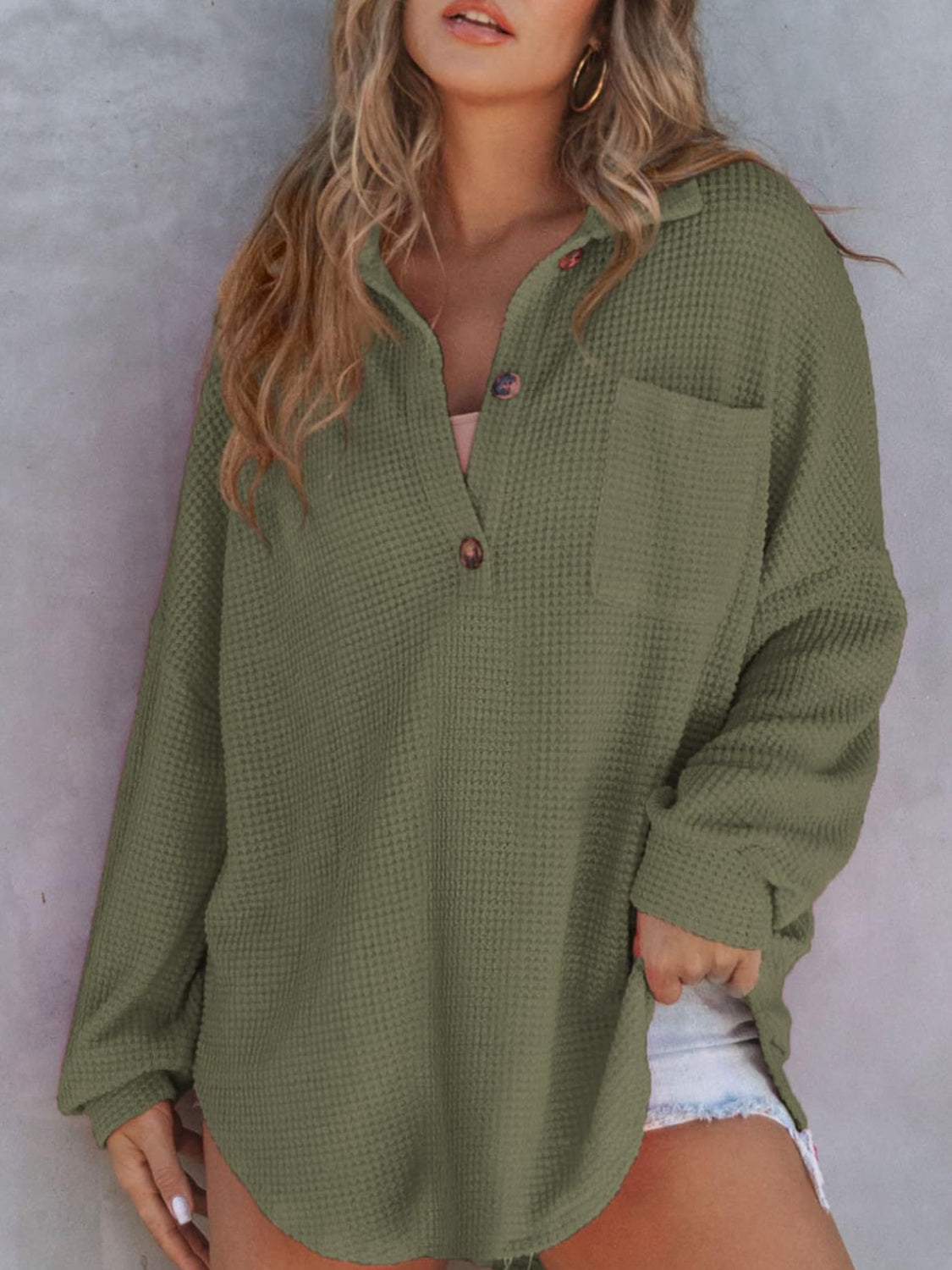 Waffle-Knit Dropped Shoulder Long Sleeve Sweatshirt - EkaVibe