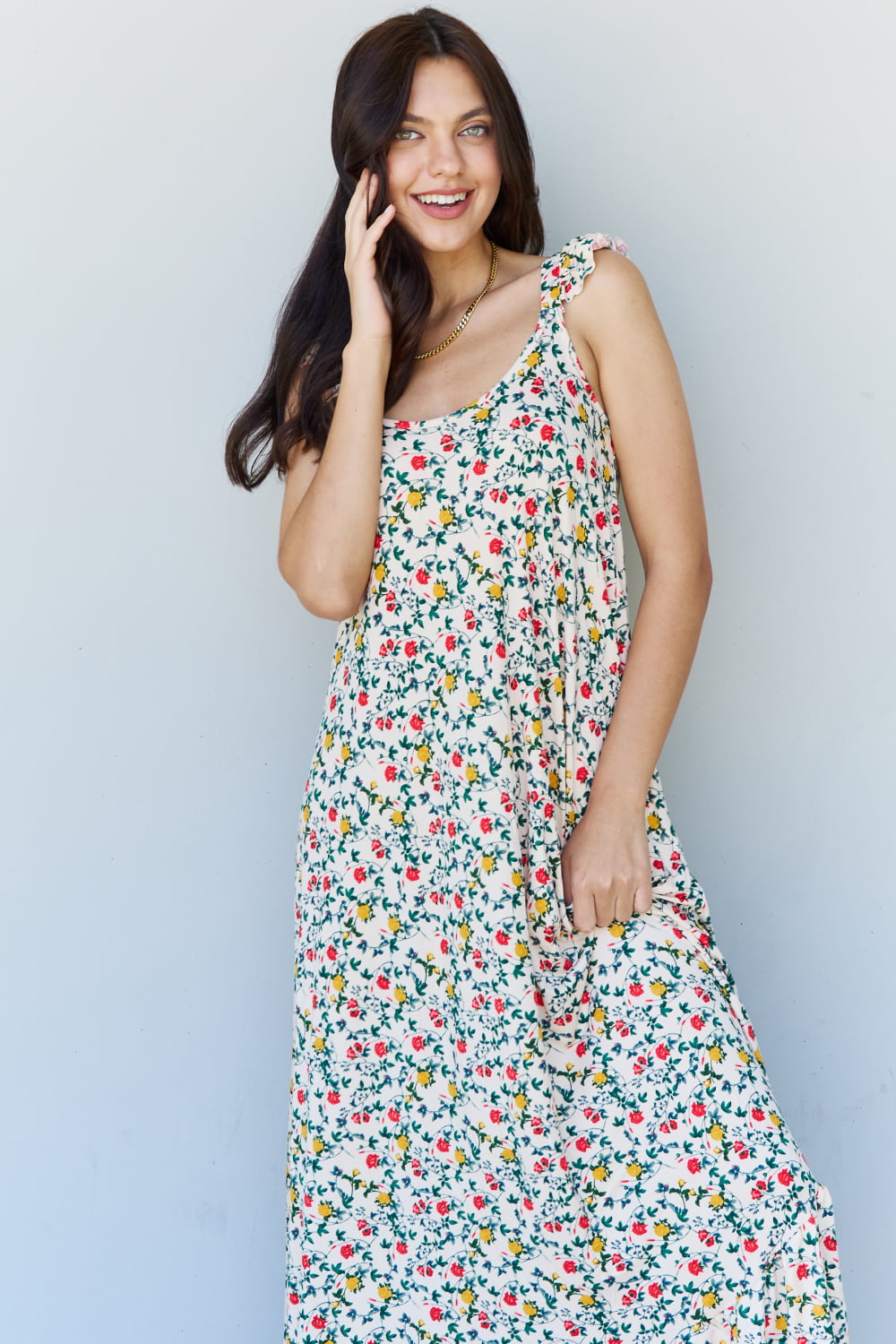 Doublju In The Garden Ruffle Floral Maxi Dress in Natural Rose - EkaVibe