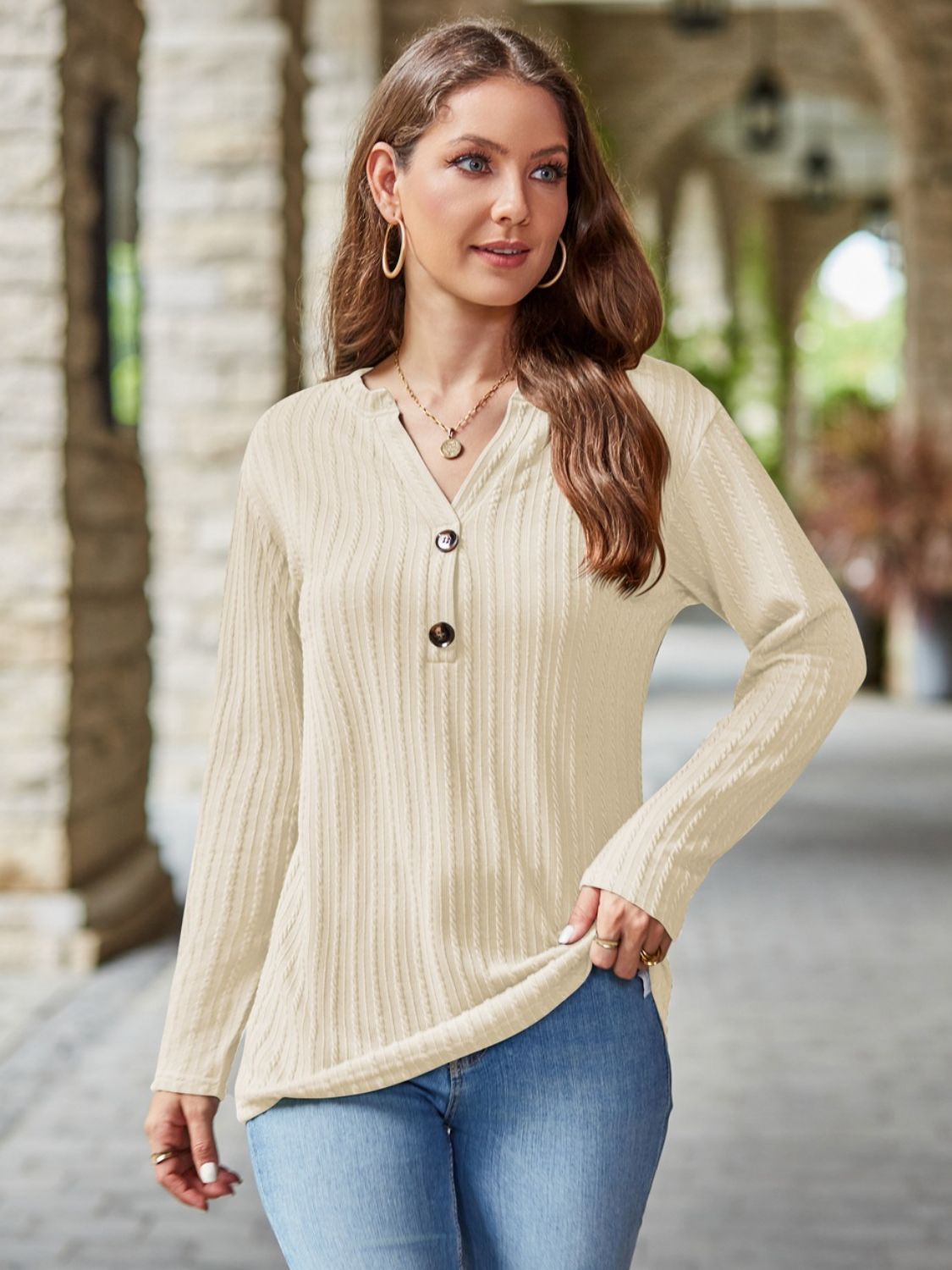 Mandy Notched Long Sleeve T-Shirt - EkaVibe