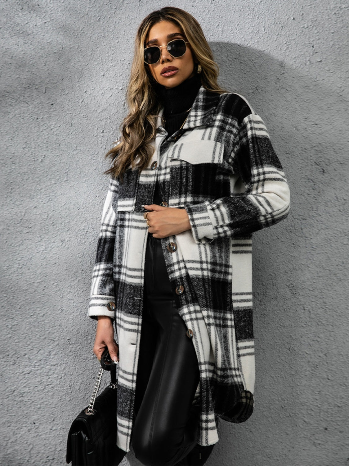 Plaid Collared Neck Long Sleeve Coat - EkaVibe