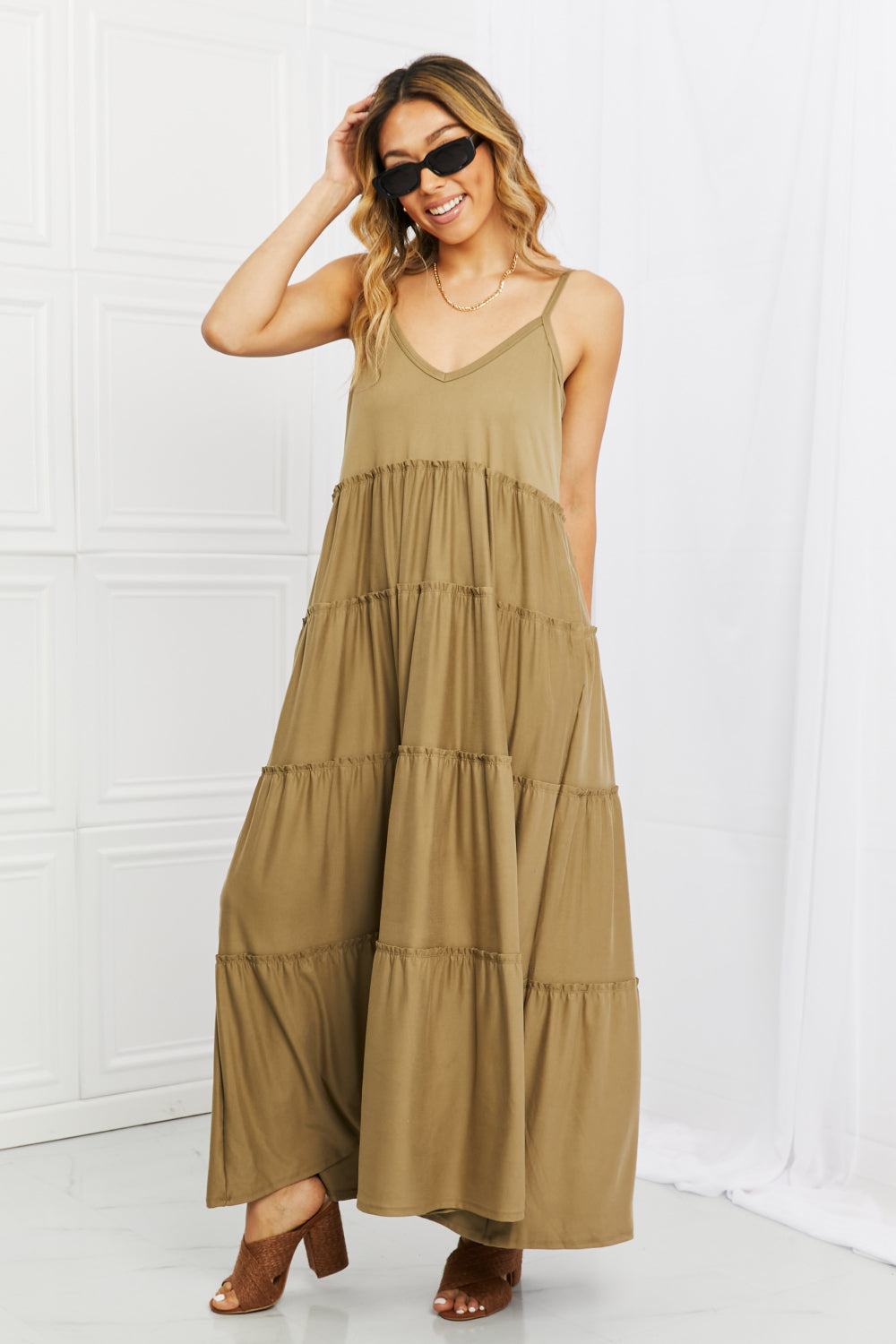 Zenana Full Size Spaghetti Strap Tiered Dress with Pockets in Khaki - EkaVibe