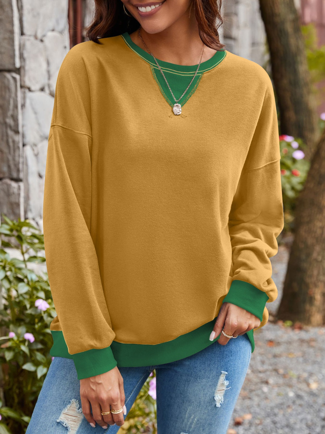 Lovelet Contrast Round Neck Long Sleeve Sweatshirt - EkaVibe