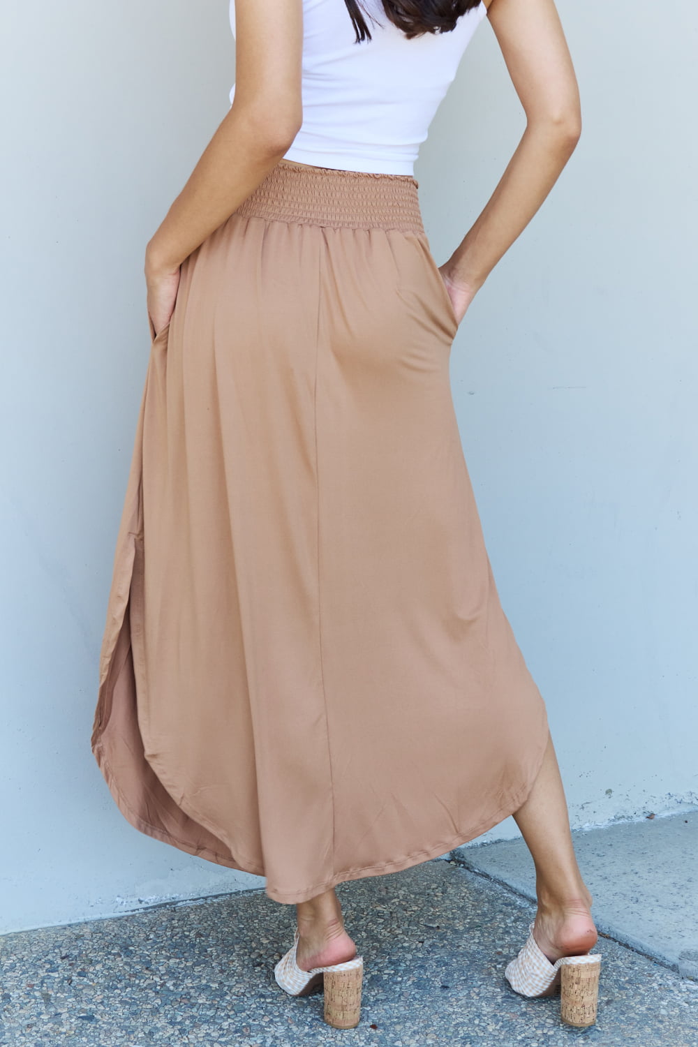 Doublju Comfort Princess Full Size High Waist Scoop Hem Maxi Skirt in Tan - EkaVibe