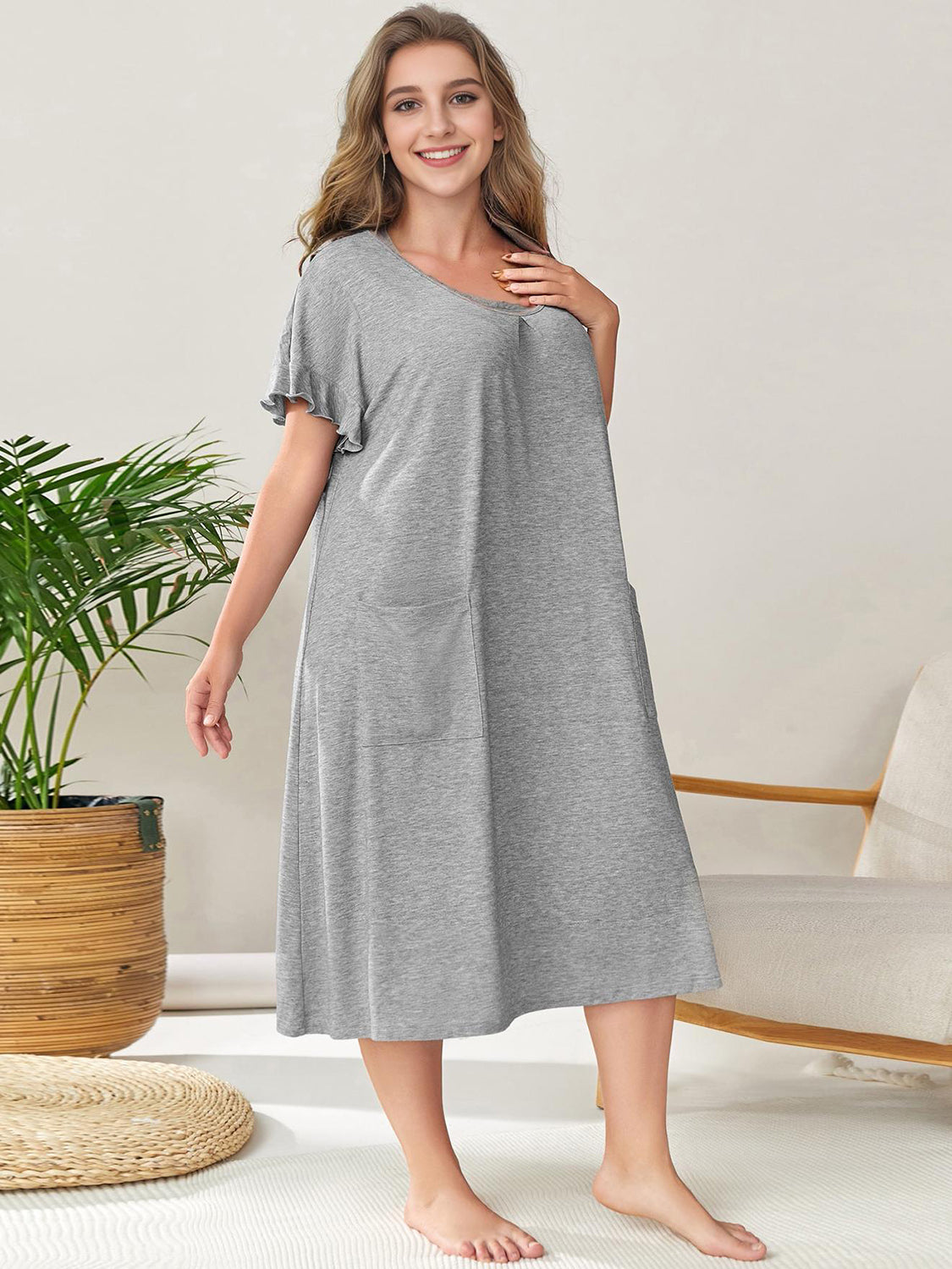 Plus Size Round Neck Short Sleeve Lounge Dress - EkaVibe