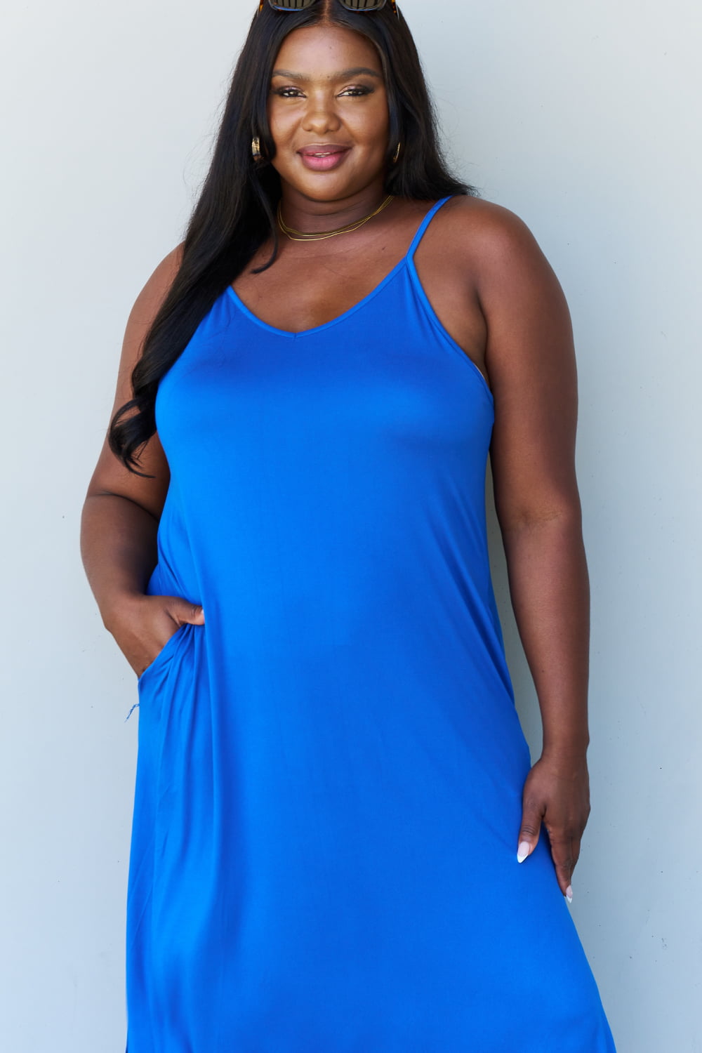 Ninexis Good Energy Full Size Cami Side Slit Maxi Dress in Royal Blue - EkaVibe