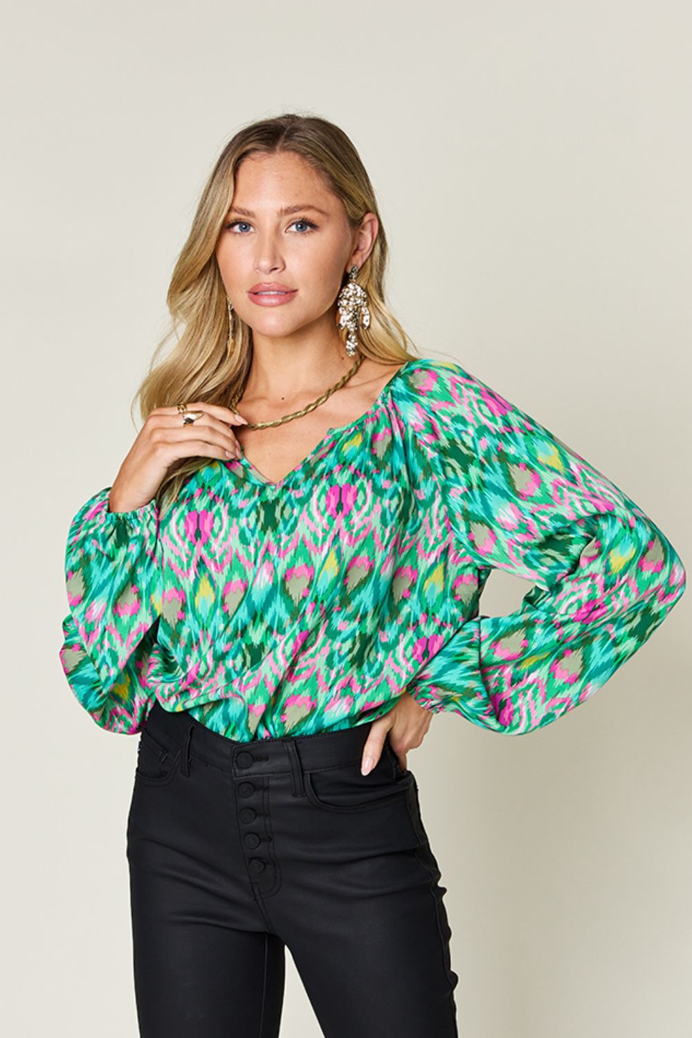 Double Take Full Size Printed Balloon Sleeve Blouse - EkaVibe