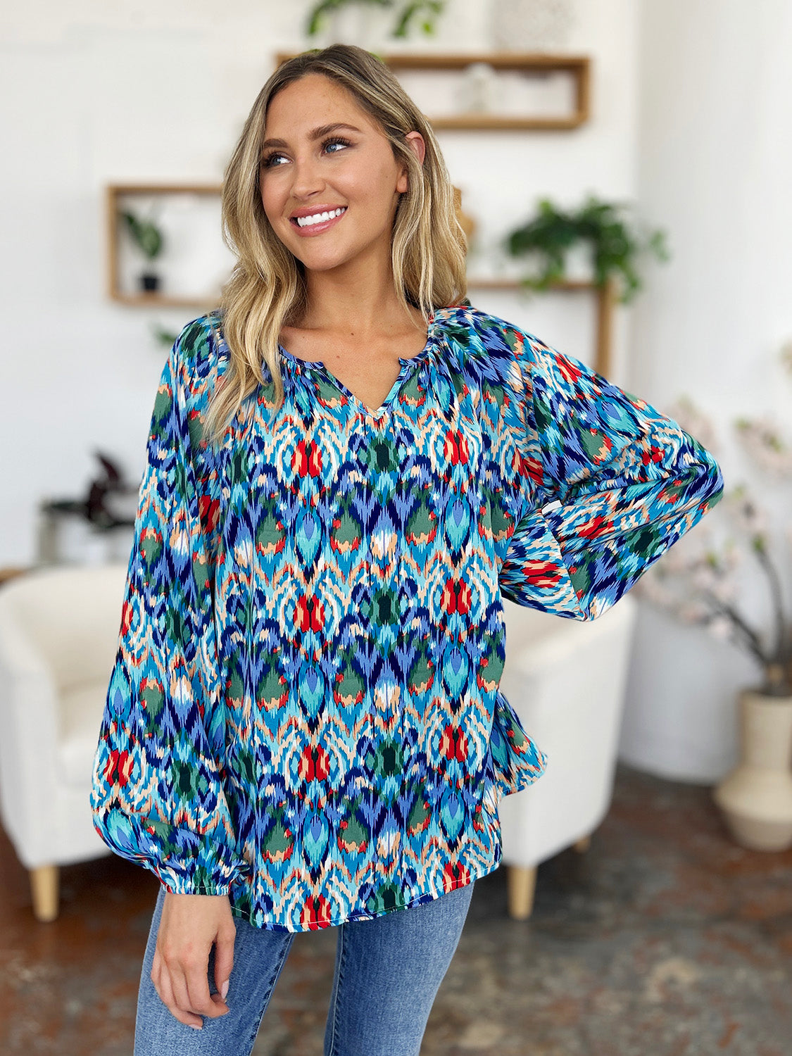 Double Take Full Size Printed Balloon Sleeve Blouse - EkaVibe