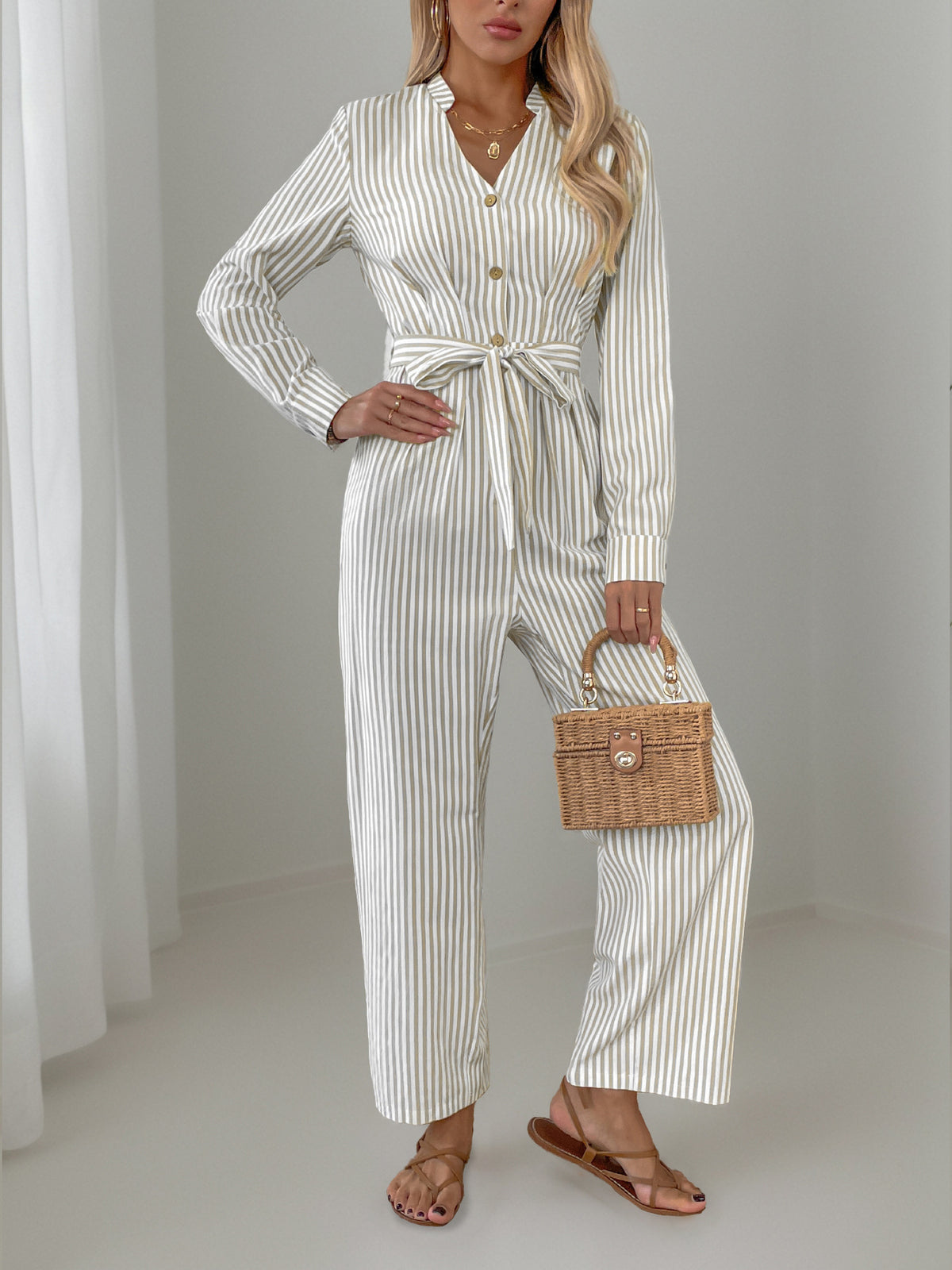 Striped Notched Long Sleeve Tie Waist Jumpsuit - EkaVibe