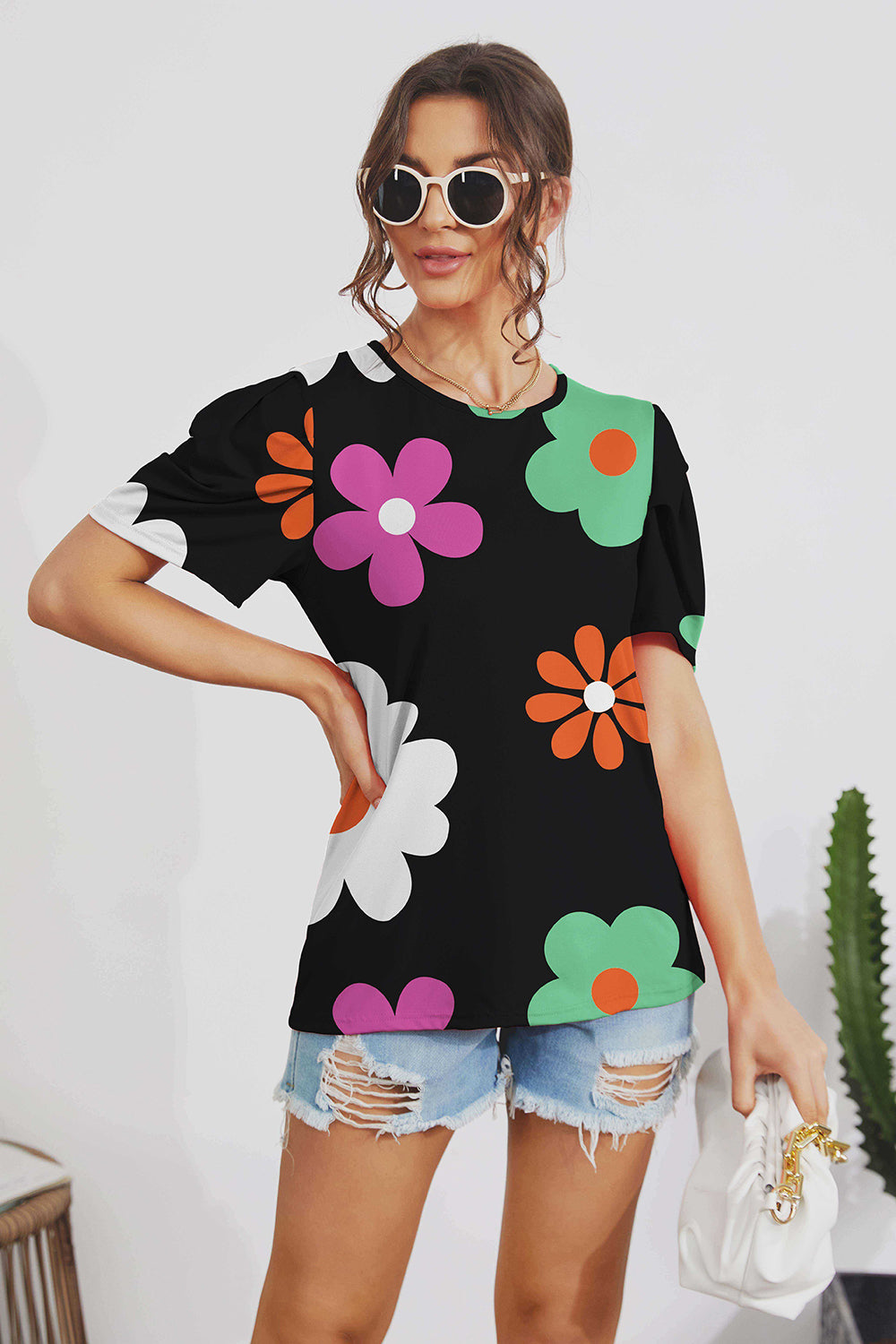 FAM-FAM Flower Round Neck Short Sleeve Blouse - EkaVibe