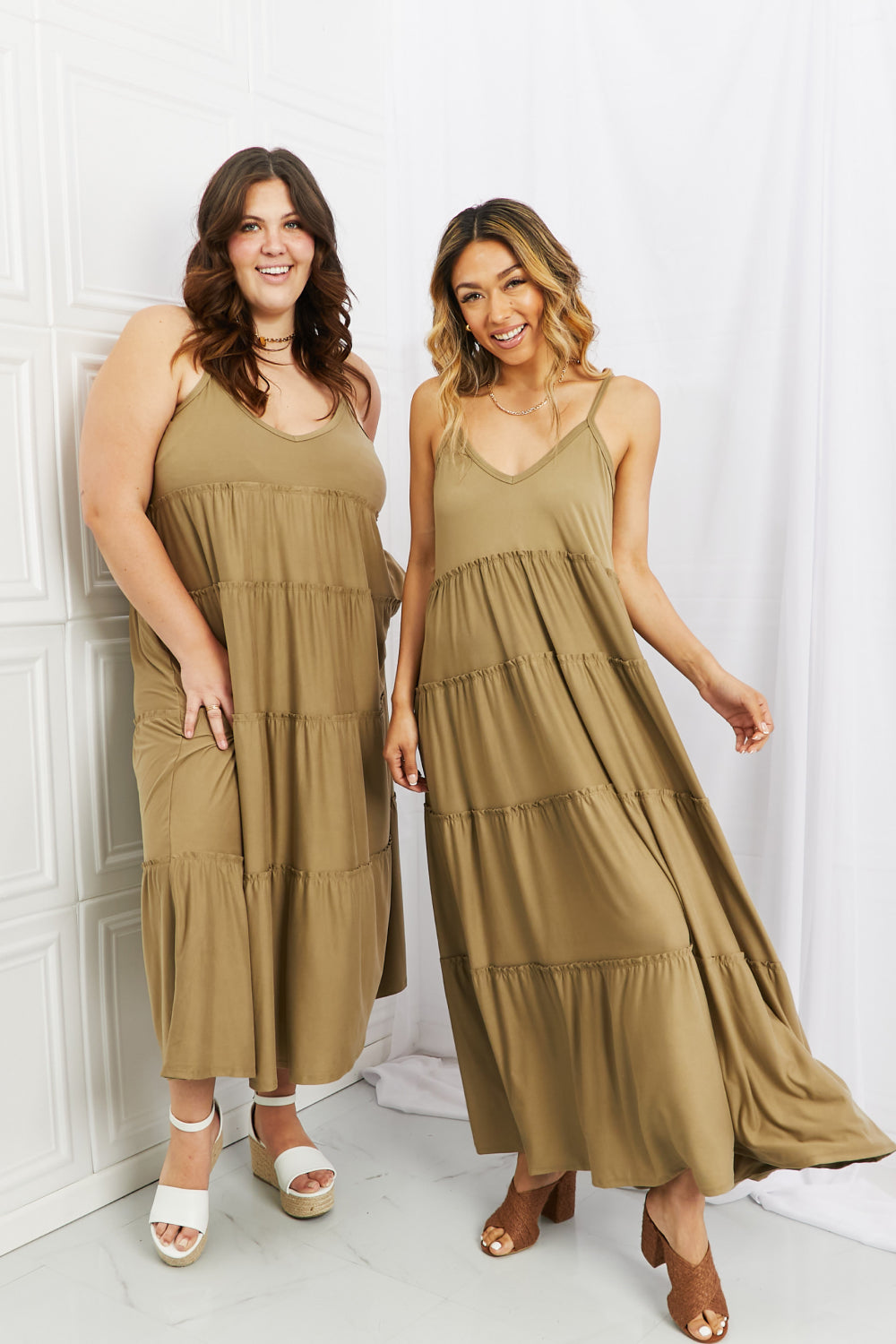 Zenana Full Size Spaghetti Strap Tiered Dress with Pockets in Khaki - EkaVibe