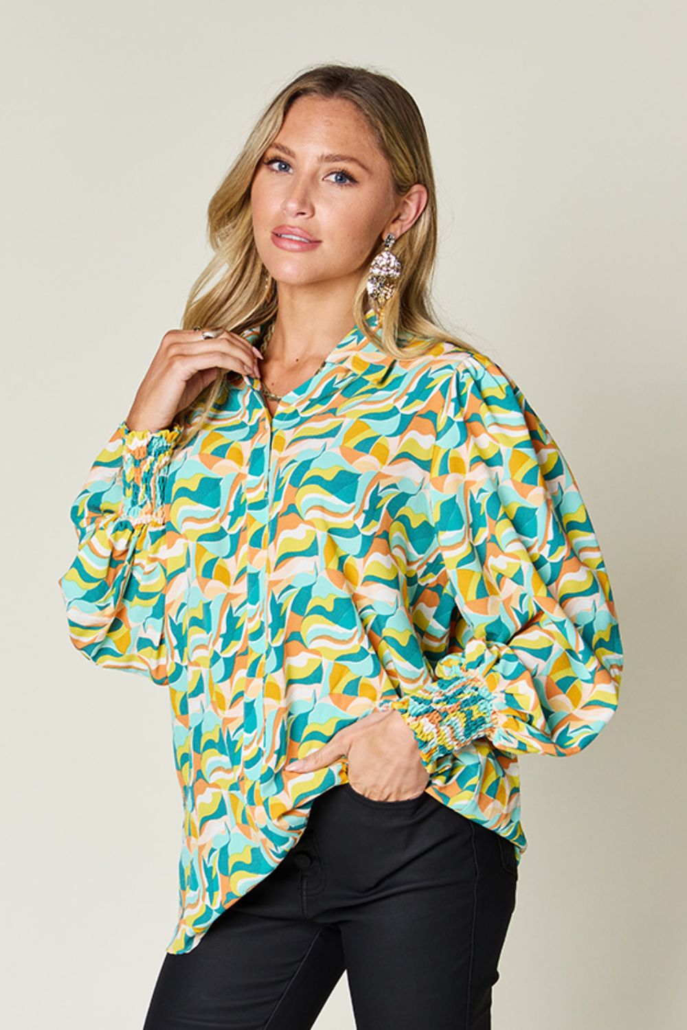 Double Take Full Size Printed Smocked Long Sleeve Blouse - EkaVibe