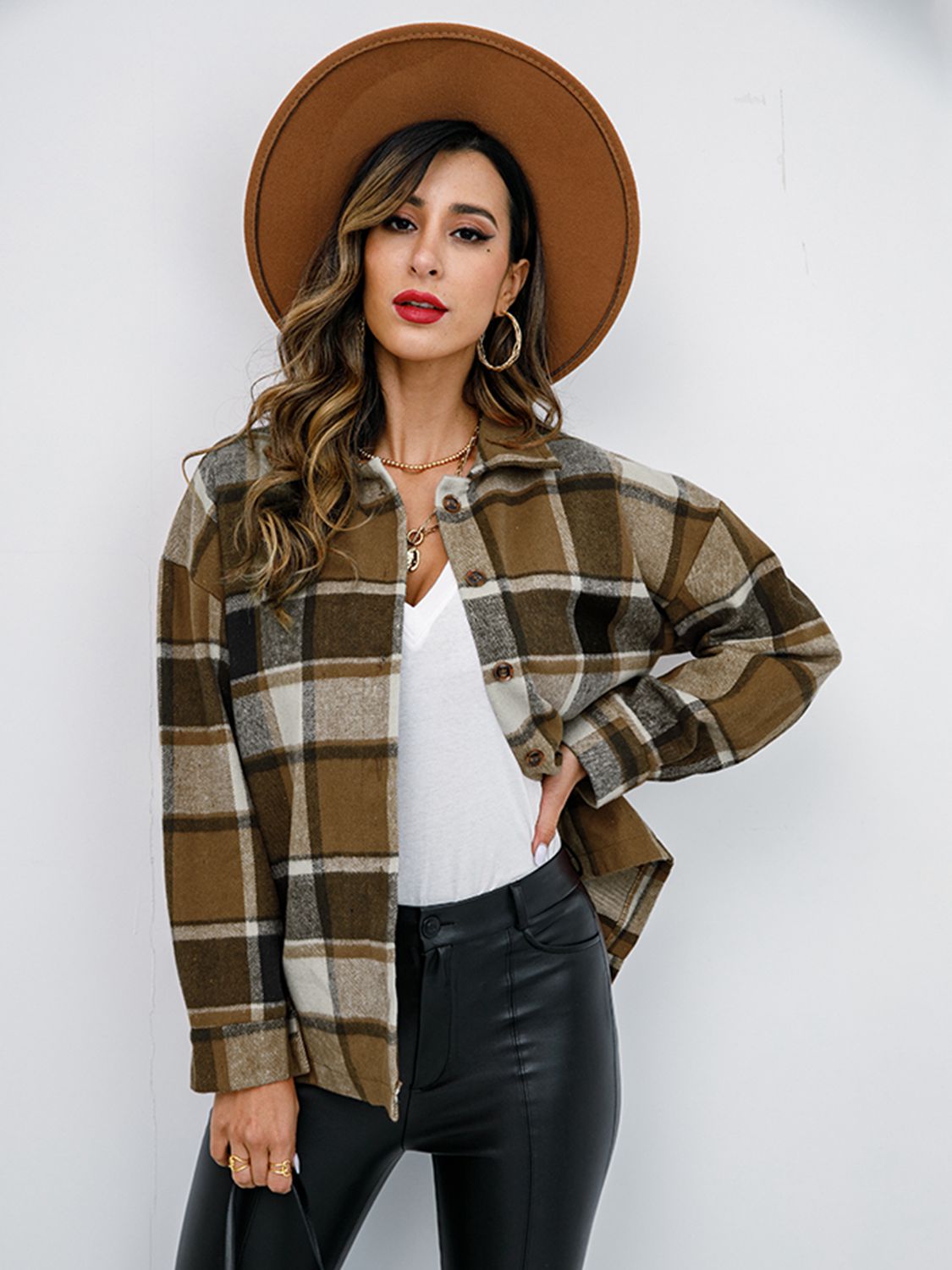 Shiny Plaid Button Up Collared Neck Jacket - EkaVibe