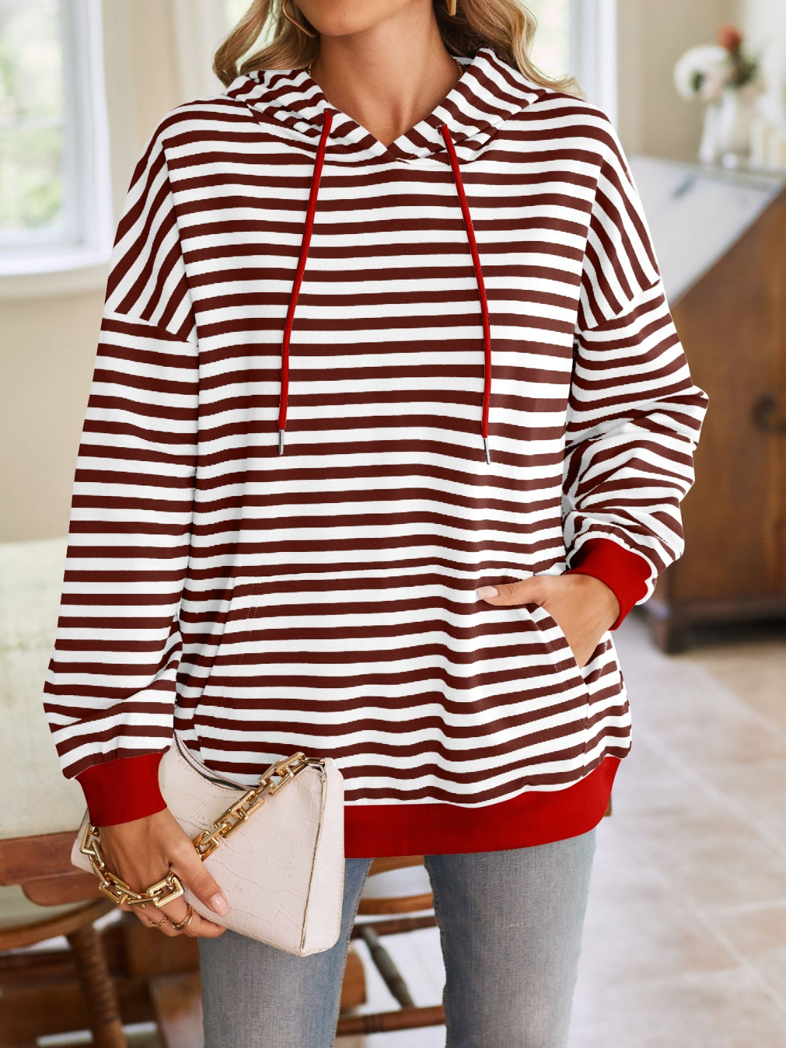 Lovelet Drawstring Striped Long Sleeve Hoodie - EkaVibe