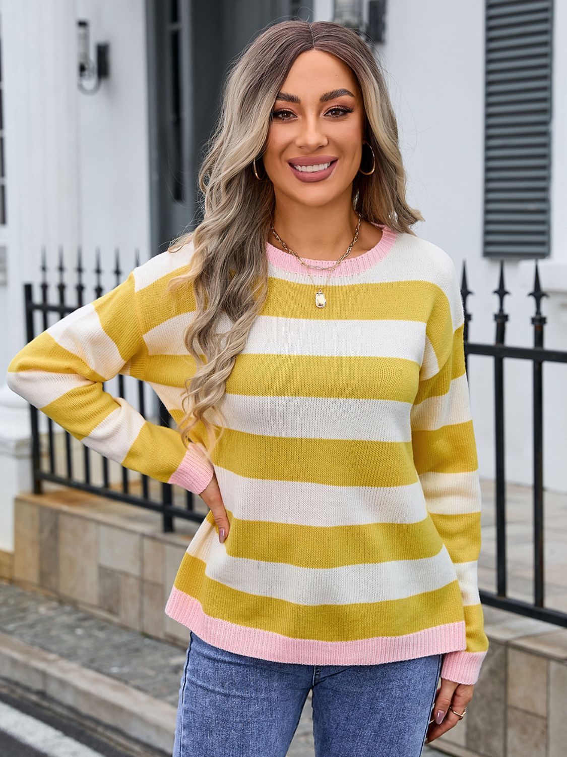 Angel Wings Striped Round Neck Dropped Shoulder Sweater - EkaVibe