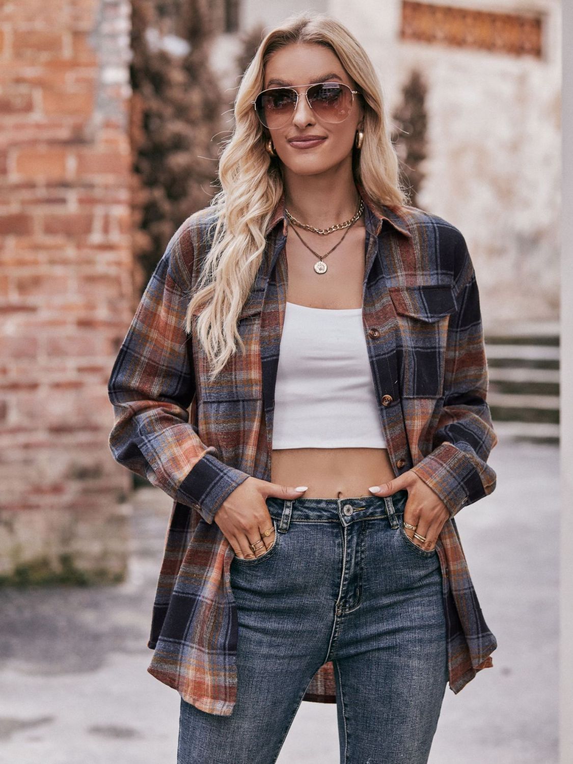 Mandy Plaid Dropped Shoulder Longline Shirt - EkaVibe