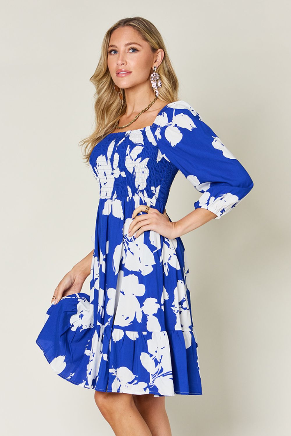 Double Take Full Size Floral Ruffle Hem Smocked Dress with Pockets - EkaVibe