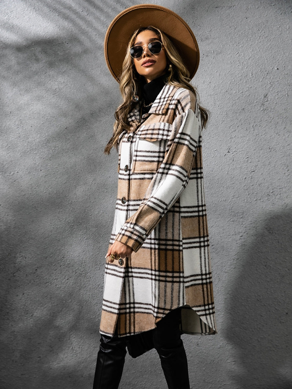 Plaid Collared Neck Long Sleeve Coat - EkaVibe